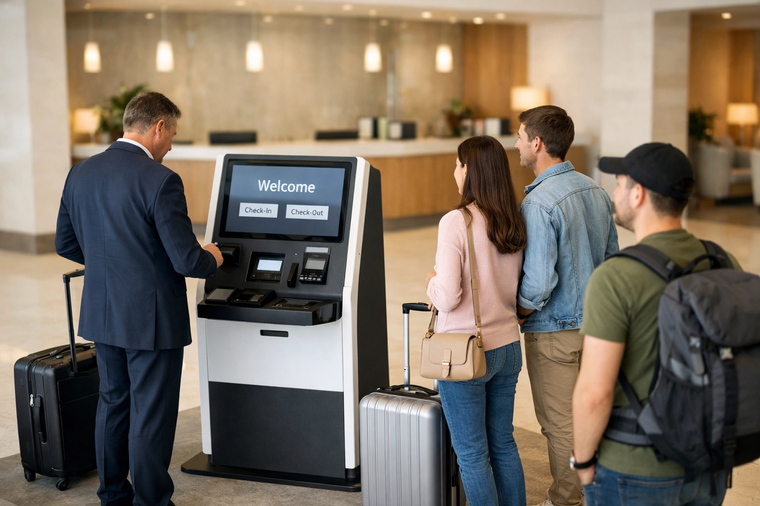 Hotel guests using self-check-in kiosk in modern lobby with empty front desk in background