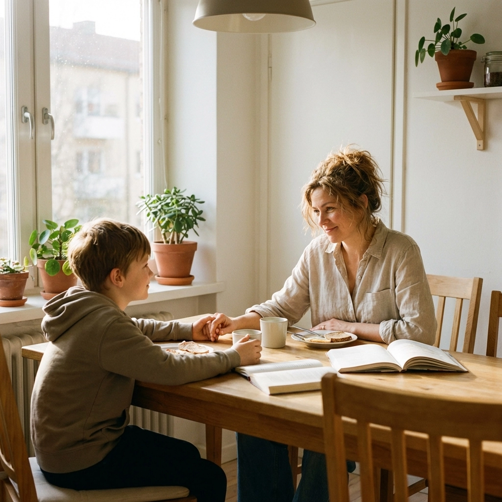 Ouder en kind voeren een rustig gesprek aan de keukentafel over het schooladvies en de doorstroomtoets