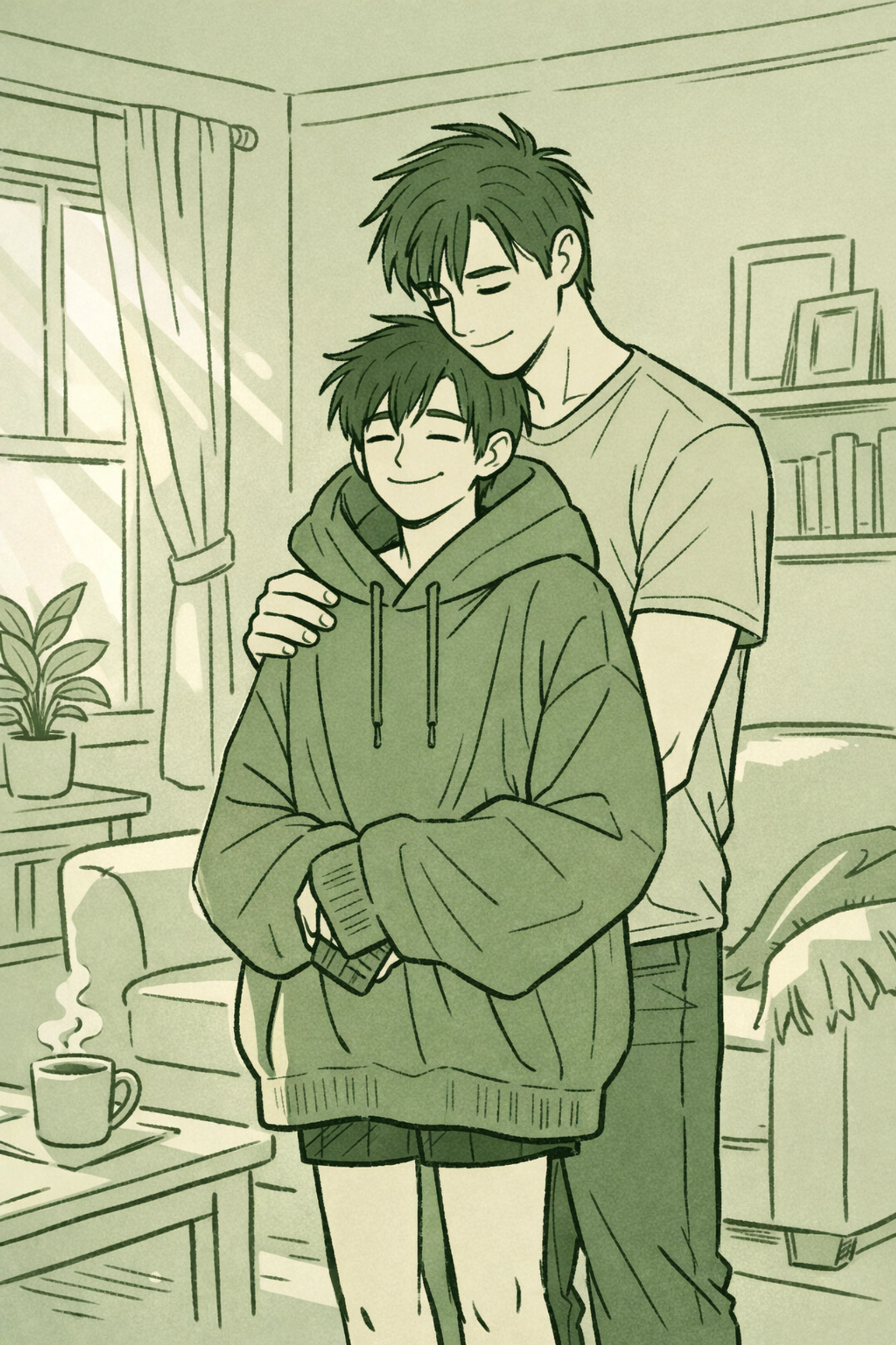 MM couple in oversized hoodie showing size difference in domestic gay romance scene