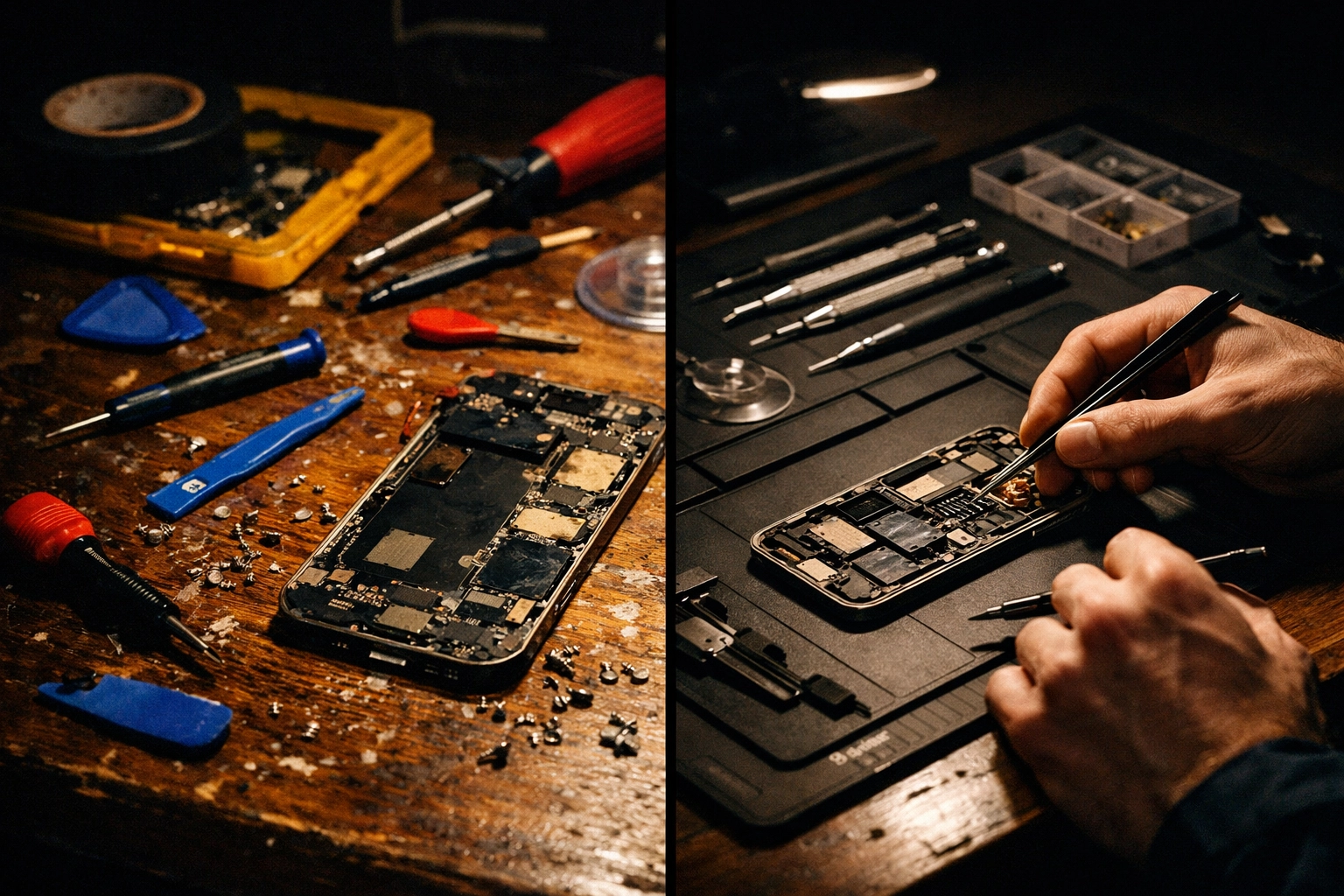 Comparison of messy DIY phone repair attempt versus professional mobile phone repair Brooklyn service