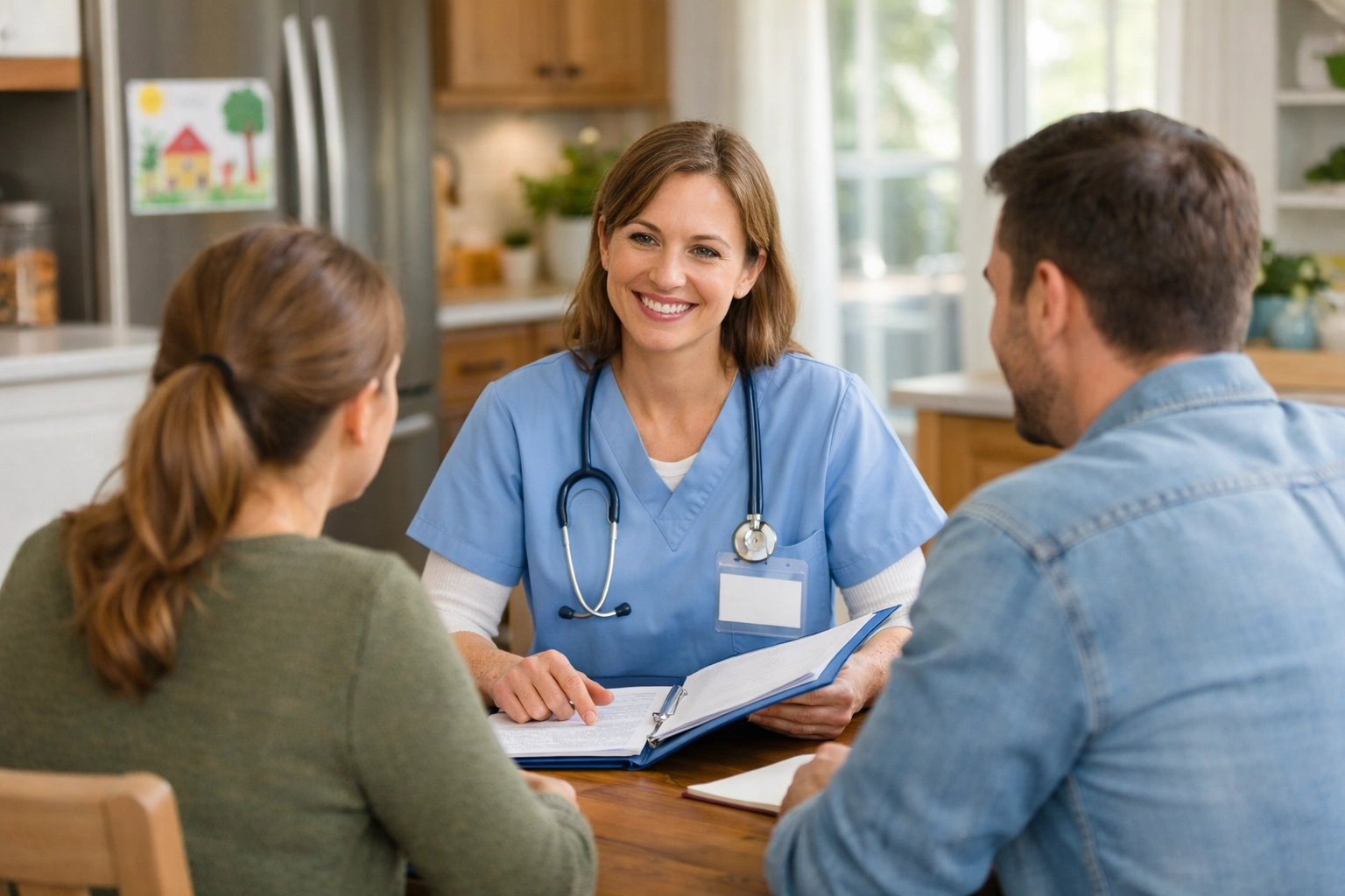 Home care consultation with nurse and parents discussing pediatric nursing services