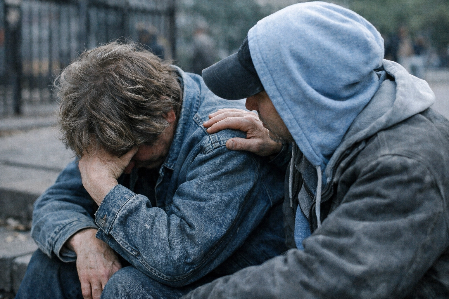 Two people sitting close, one offering support with a hand on a shoulder, gritty but hopeful