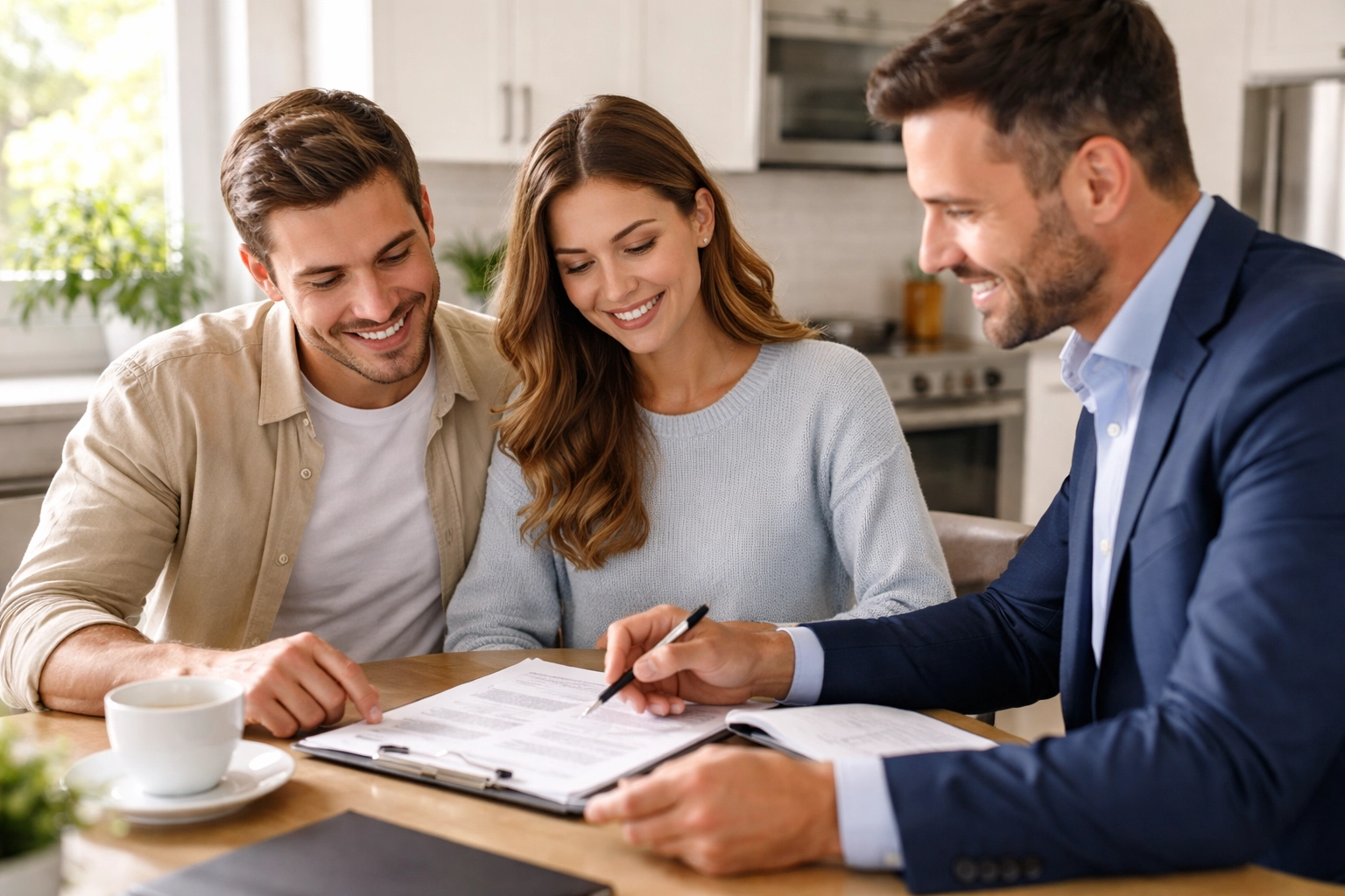 Young couple with real estate agent reviewing home purchase documents in sunlit Bloomington kitchen