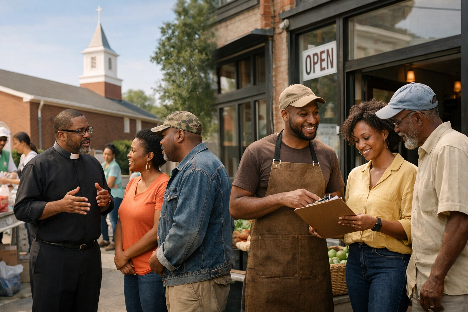 A group of diverse community members and church leaders brainstorming together in a modern meeting space, symbolizing collaborative community development.