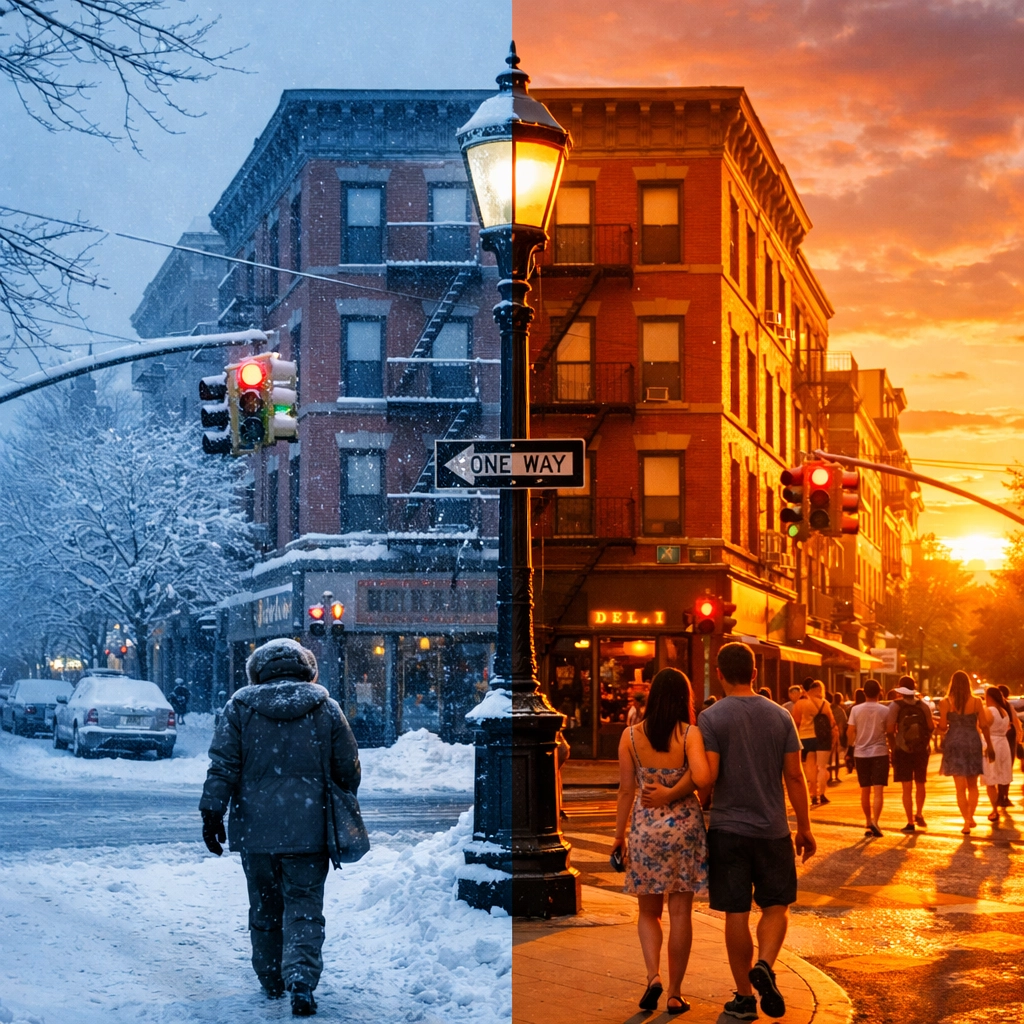 Creative street photography ideas capturing the same city corner in winter and summer.