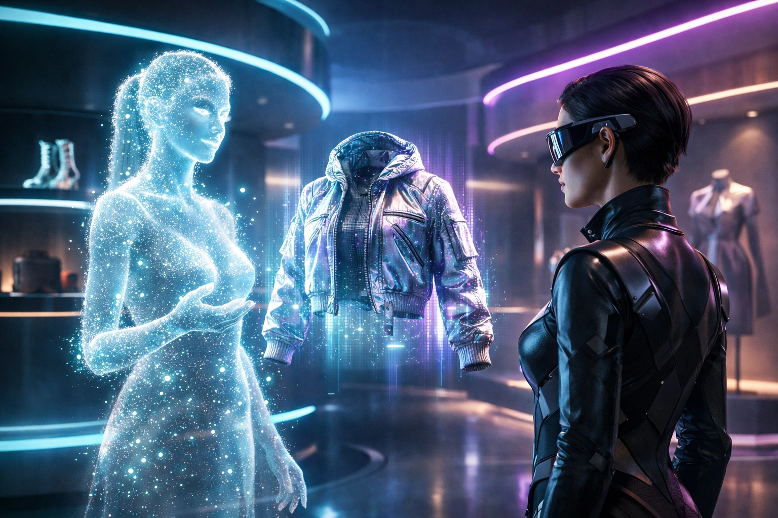 AI assistant presenting holographic digital fashion to an avatar in a luxury Larecoin metaverse store.