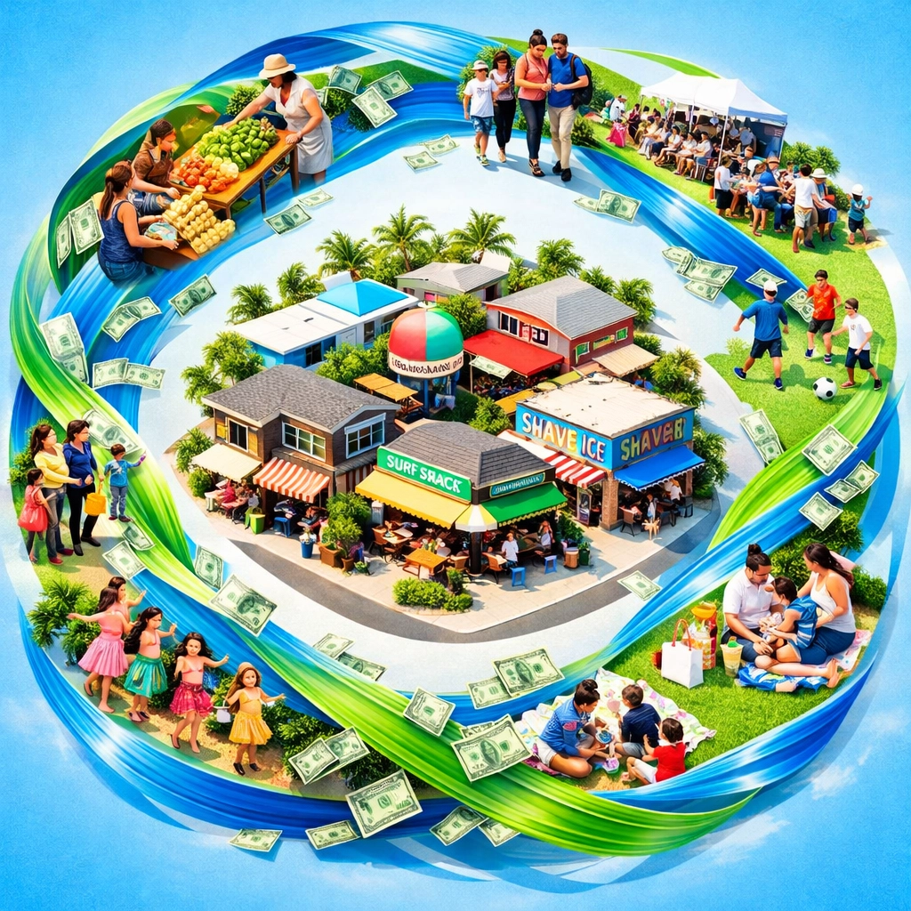 Local economy visualization showing money circulating through Big Island community businesses