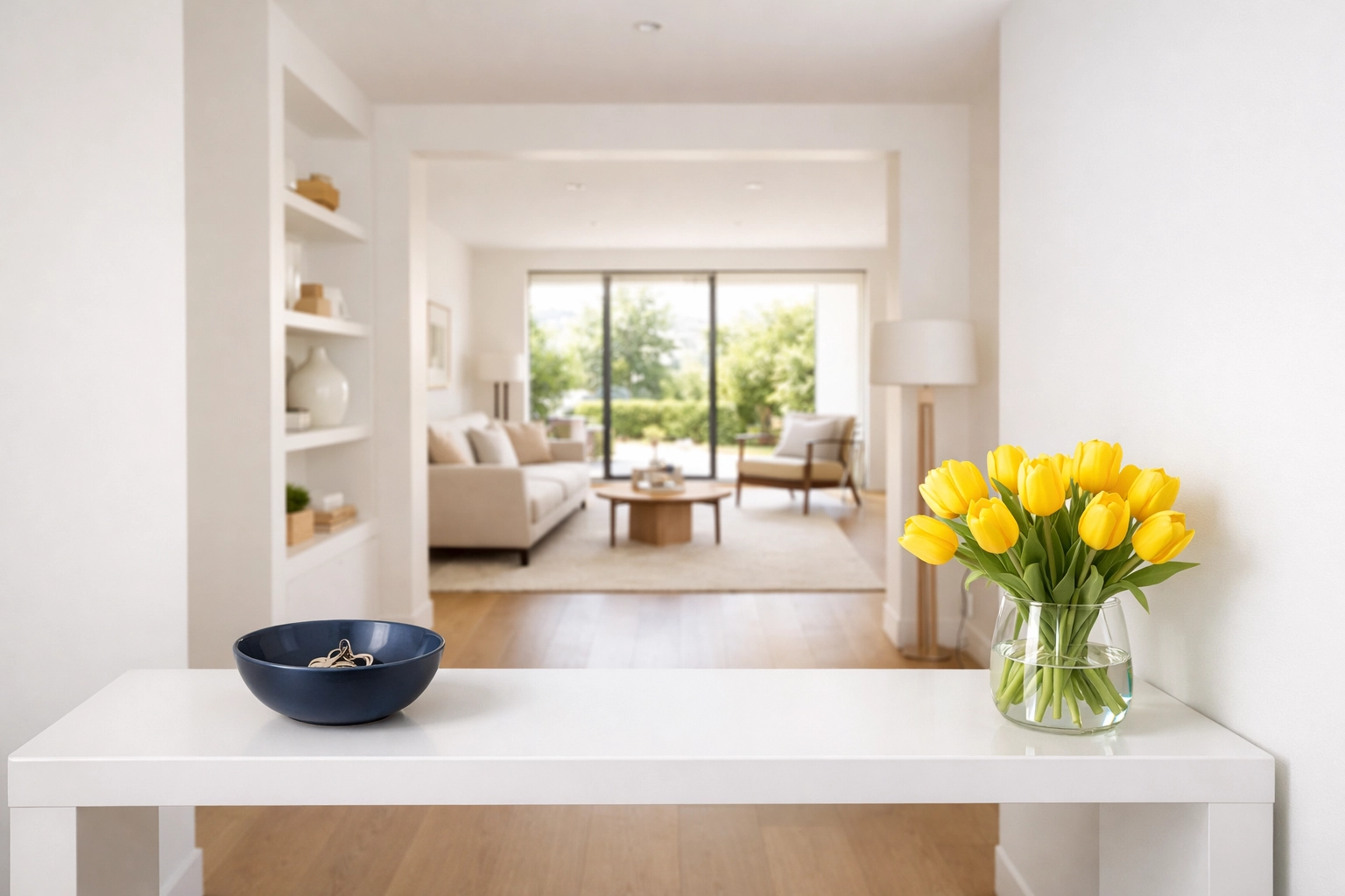 Minimalist home entryway with organized console table and landing zone for keys and mail.