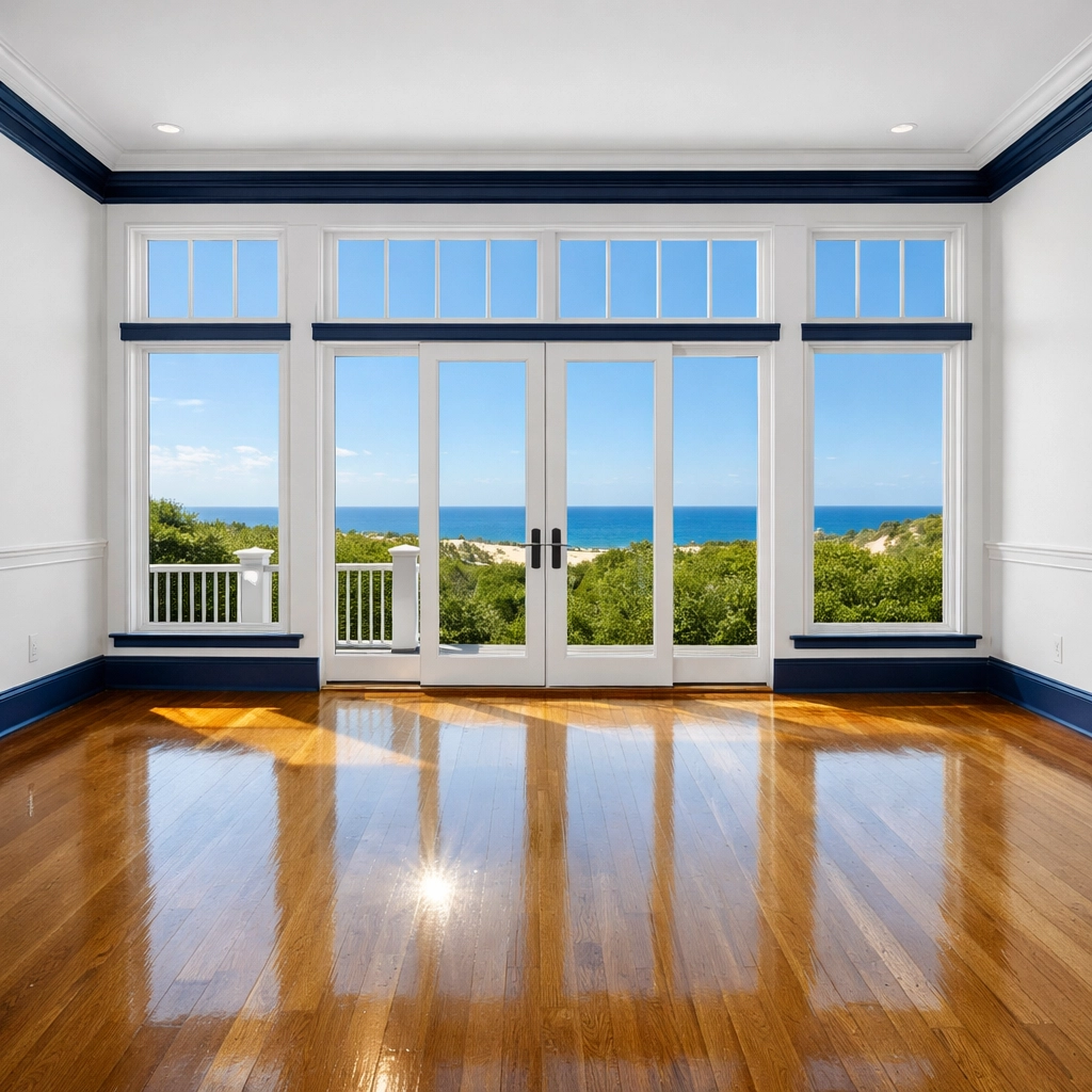 Professionally cleaned empty room in Edgartown with gleaming hardwood floors.