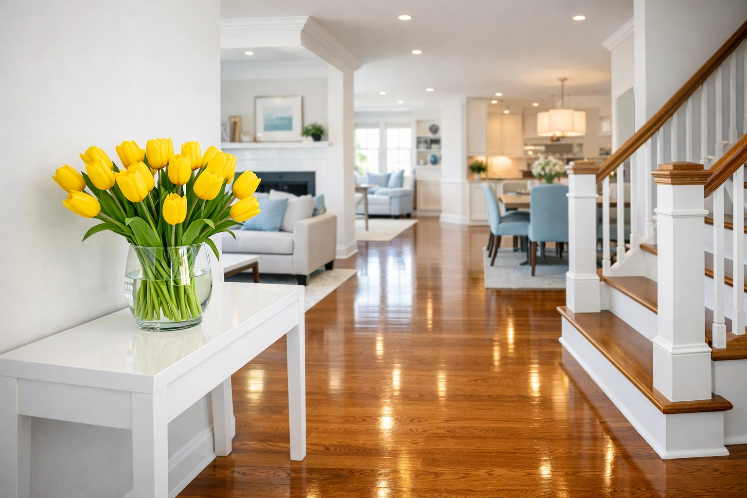 Bright luxury home entryway featuring professional house cleaning Worcester MA with polished hardwood floors.
