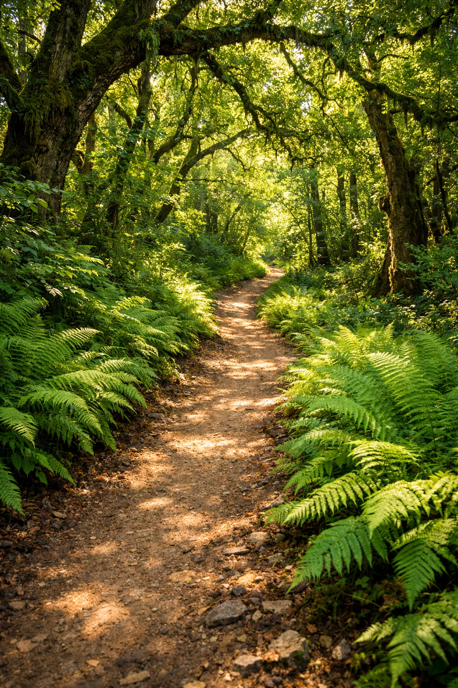 A sun-dappled forest hiking trail in the UK representing the many routes available for hikers.