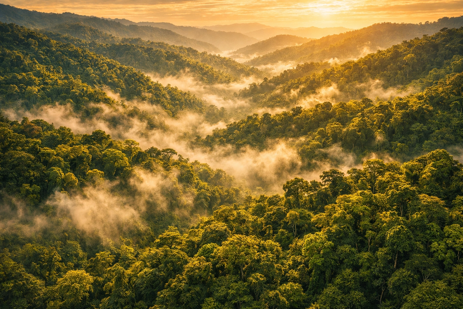 Aerial view of Bwindi Impenetrable Forest canopy with morning mist over Uganda's gorilla trekking region