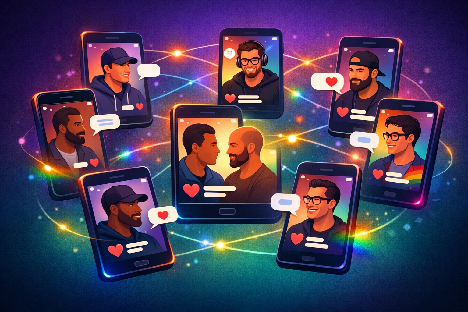 LGBTQ+ men connecting through online community support groups on smartphones