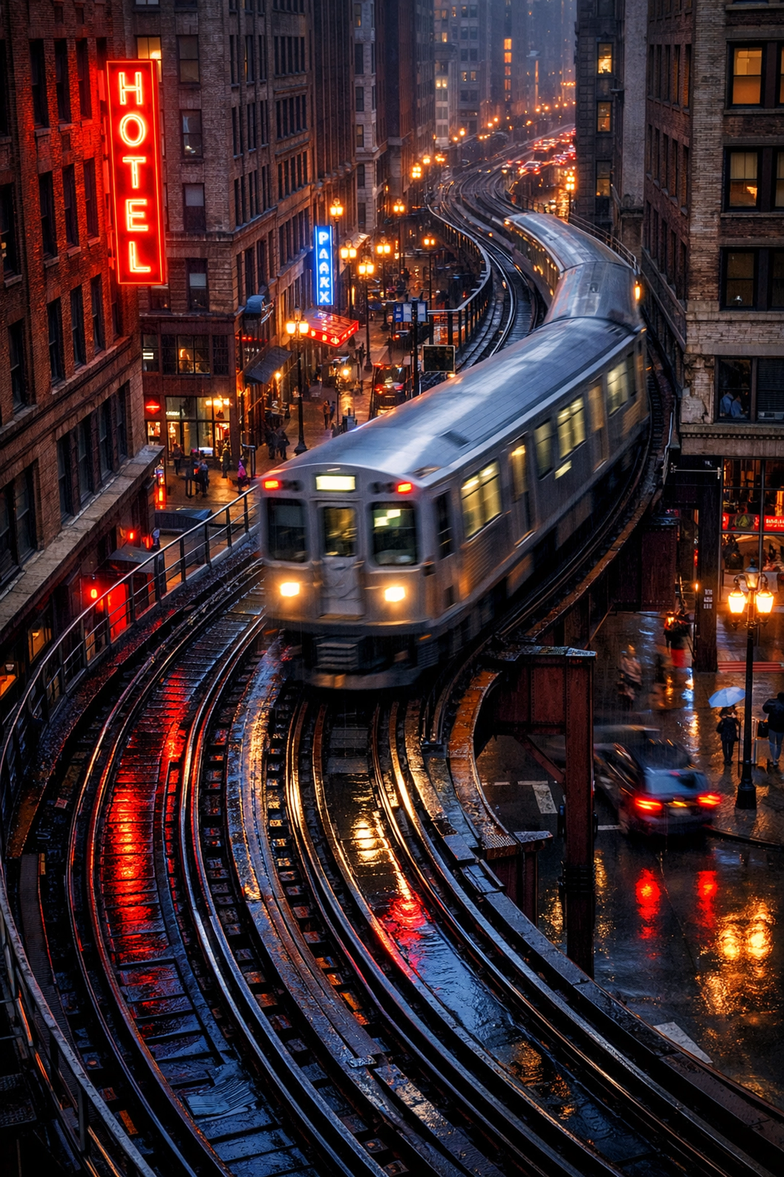 The Chicago L train in The Loop, symbolizing the city's focus on punctuality and transit.