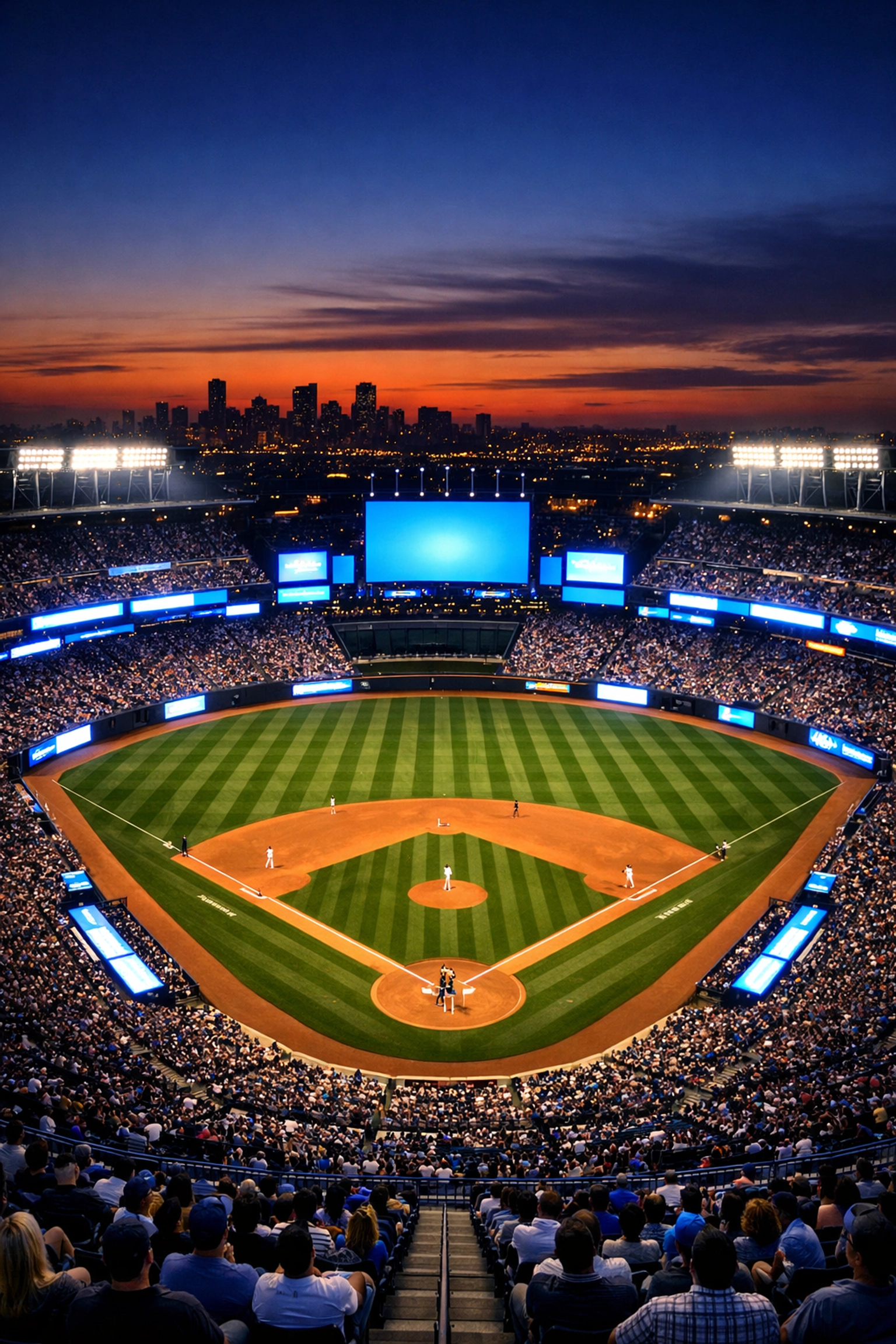 Professional baseball stadium at night with digital screens representing a growing sports media network.