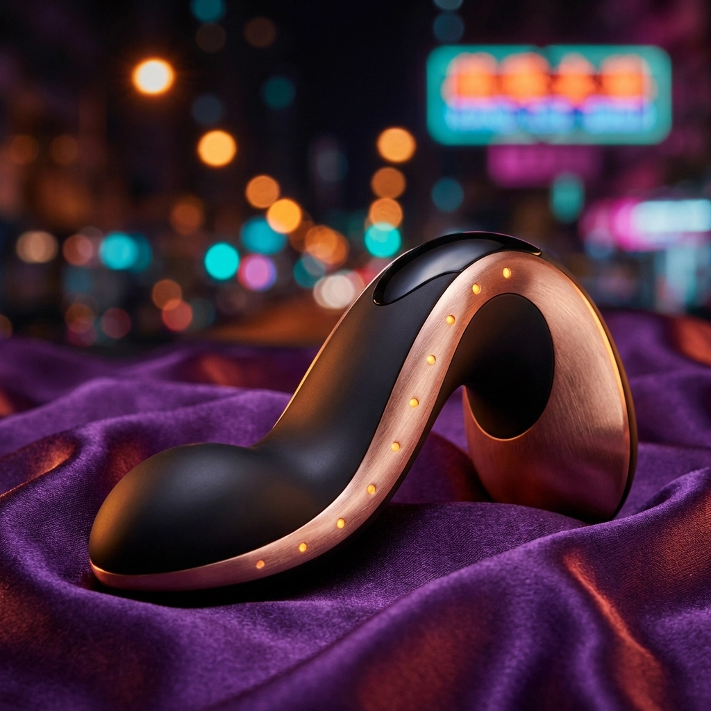 High-tech intimacy device with touch sensors and rose-gold accents resting on soft purple silk.