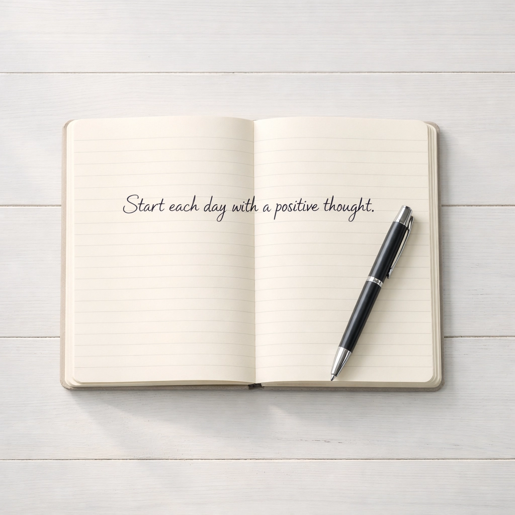 Notebook with single sentence written on minimalist desk for startup brand clarity