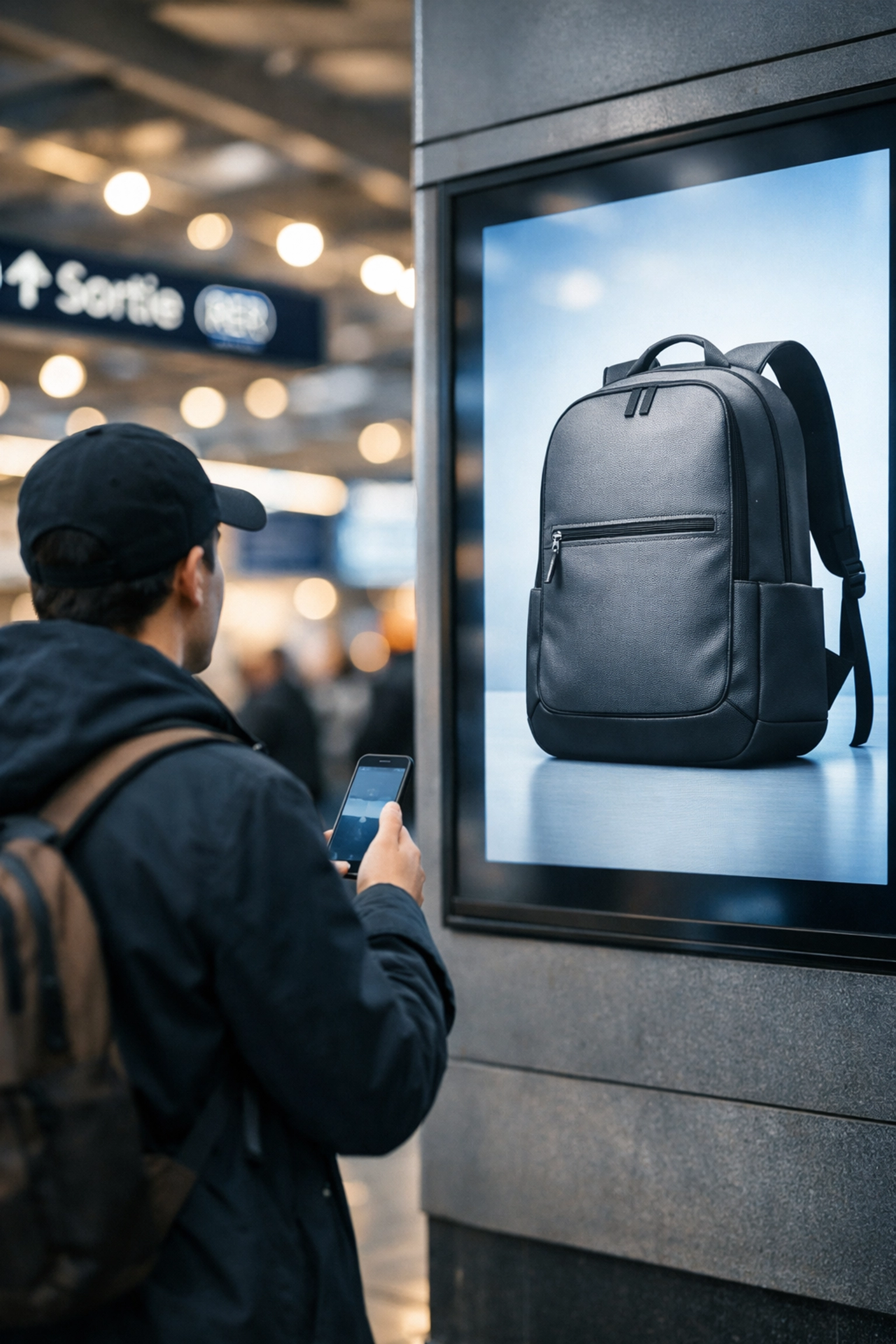 Consumer in a Paris transit hub interacting with a digital DOOH display showing a minimalist backpack on a screen.