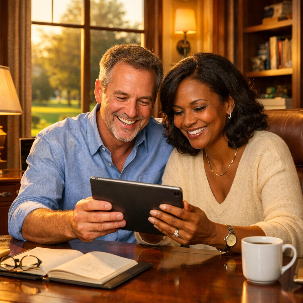 Successful couple in home office reviewing tax reduction strategies and tax-free income plans.