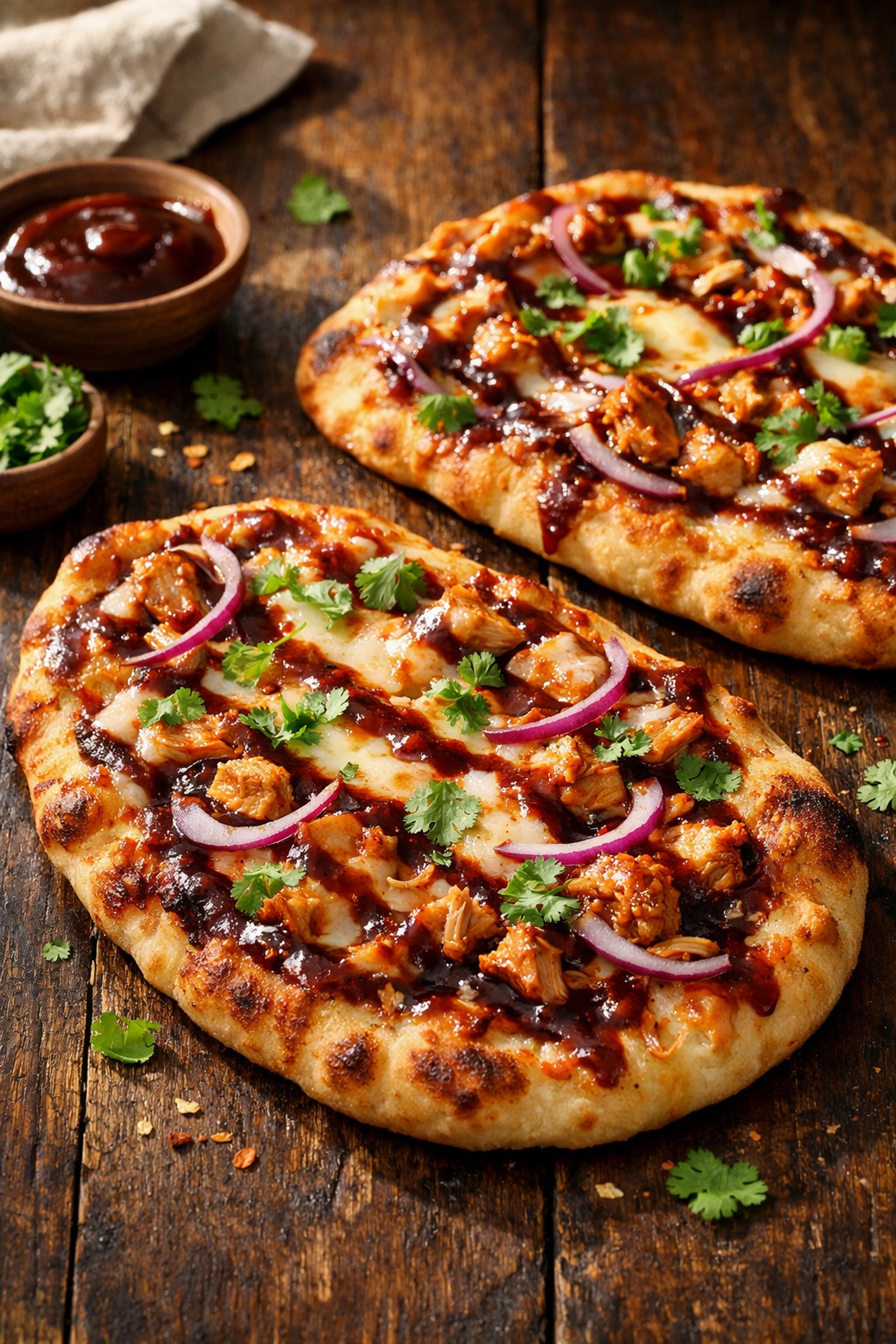 BBQ chicken naan pizzas with melted mozzarella and red onion, an easy 5-ingredient dinner.