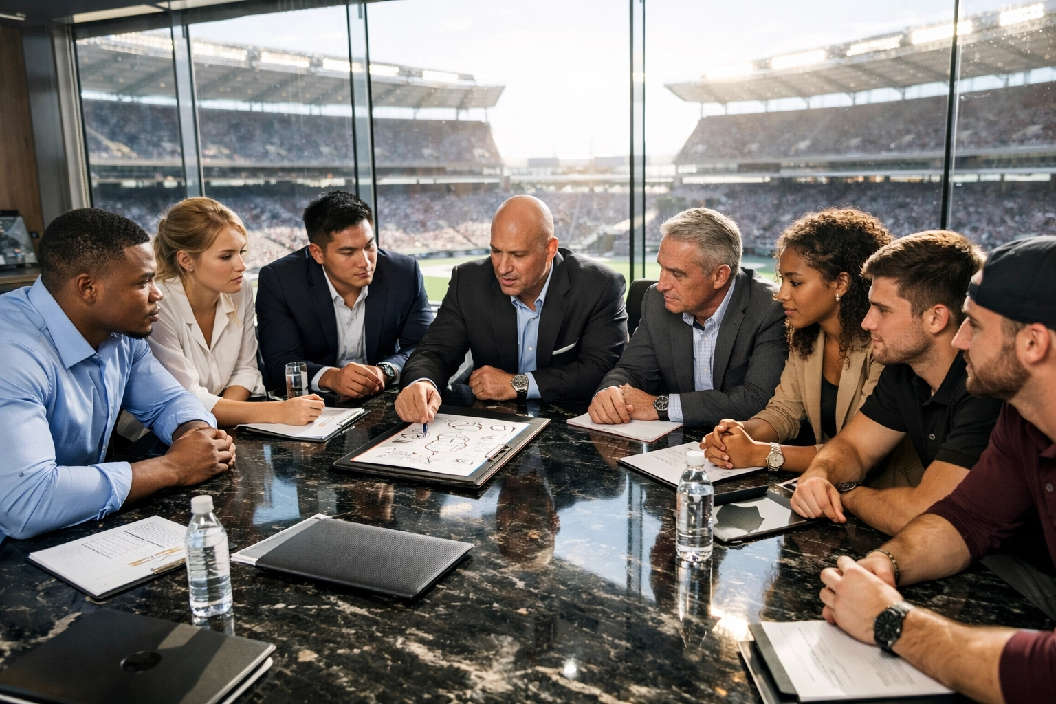 College athletes and business mentors in a boardroom discussing long-term career planning and NIL success.