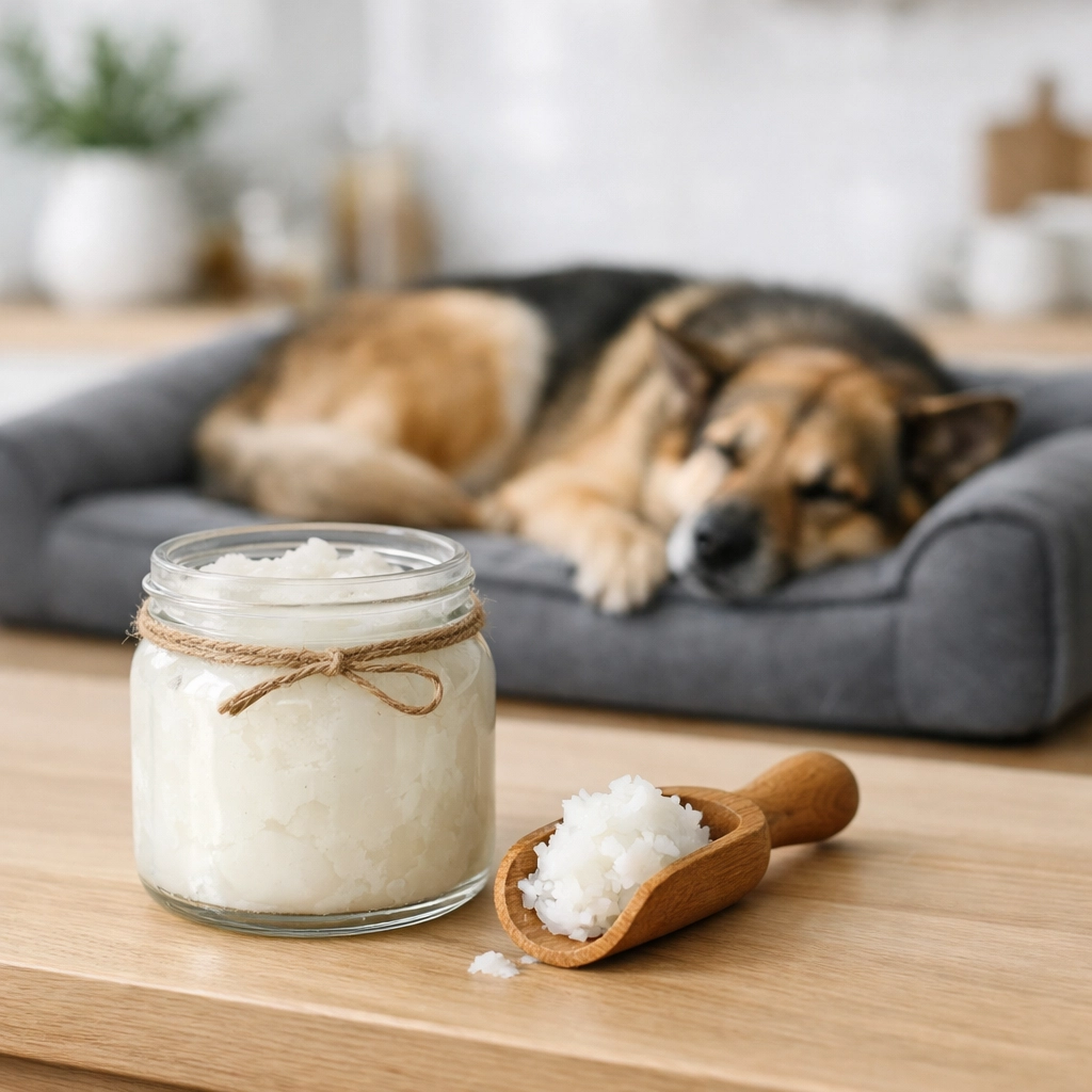 Jar of Soothe calming coconut oil for dogs next to an orthopedic bolster bed for senior dog wellness.