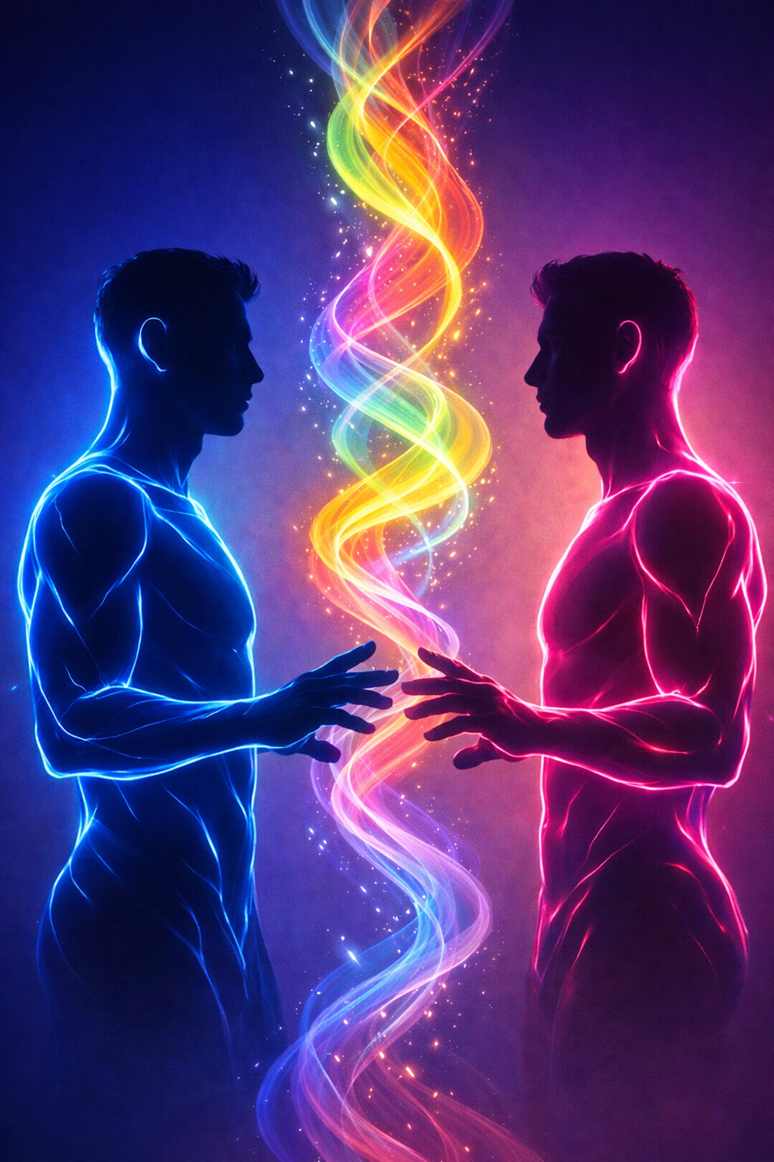 Gay couple shares tantric energy through synchronized breathing and spiritual connection