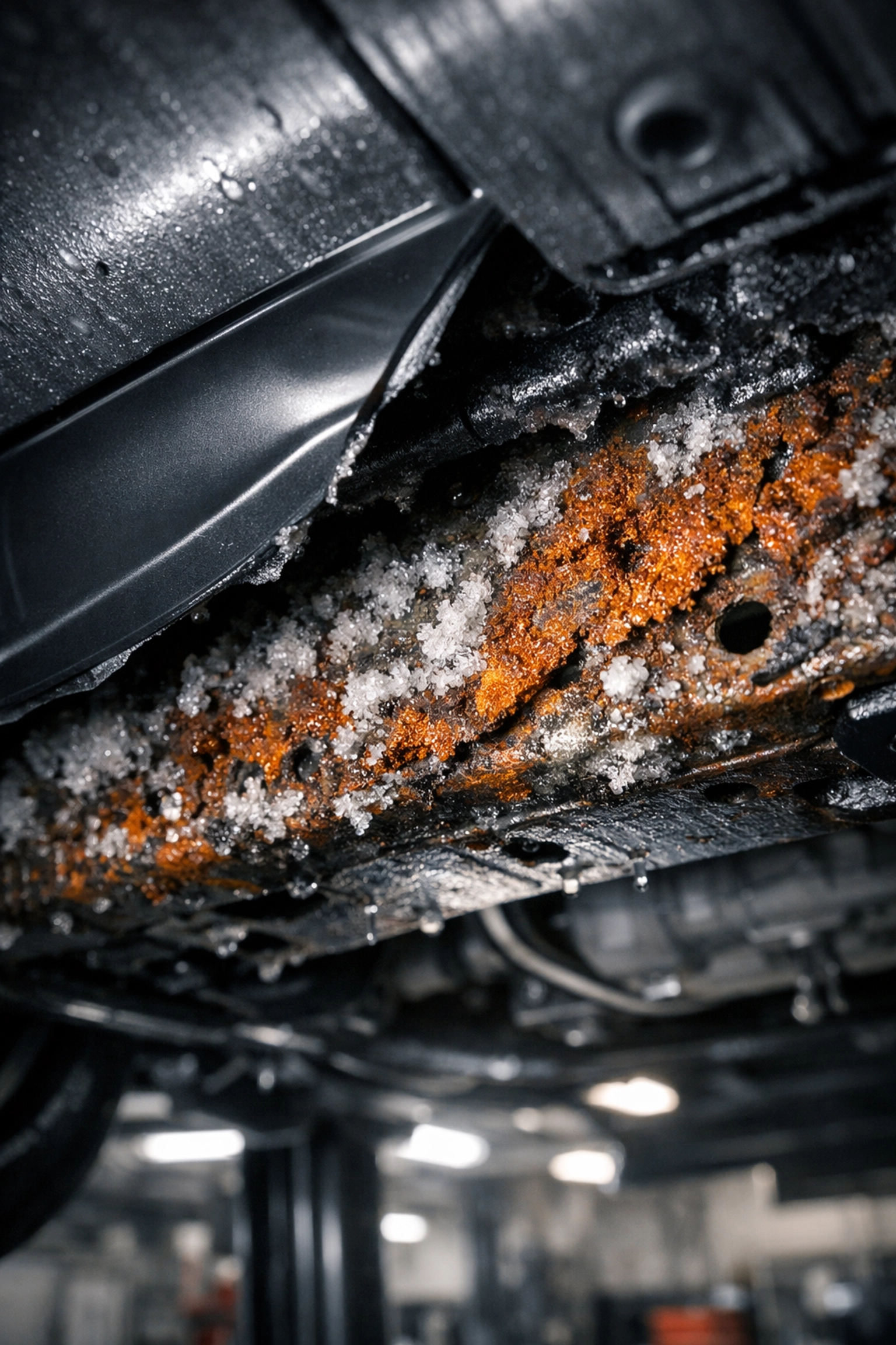 Corrosion and road salt trapped behind an electric vehicle plastic under-tray shield.