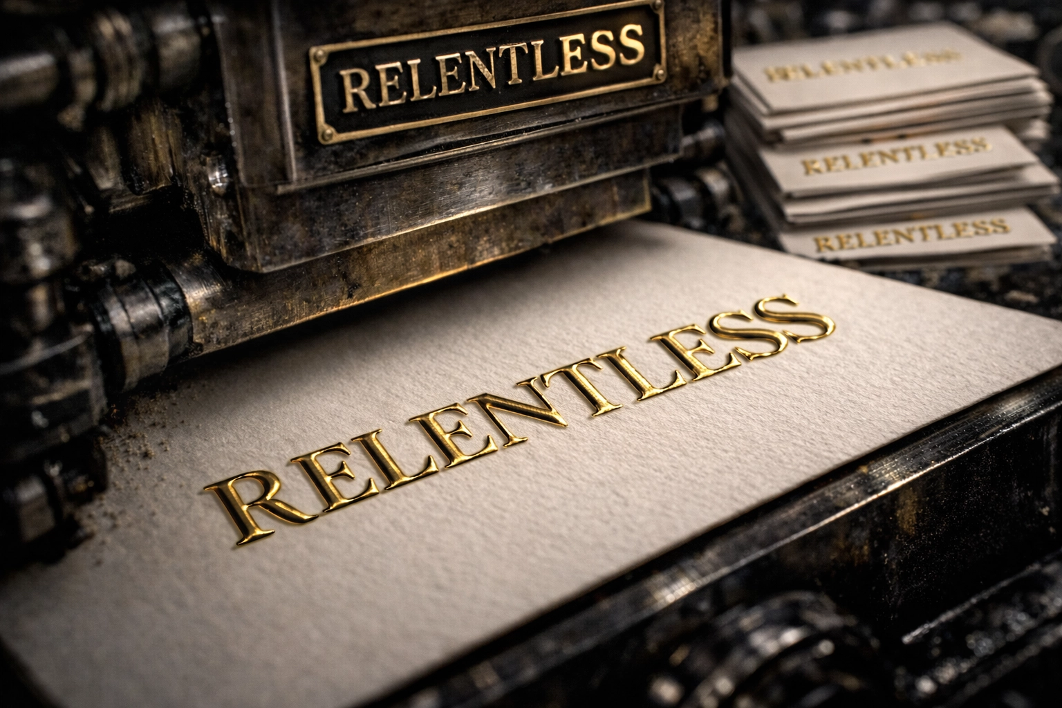 High-end printing press embossing gold leaf serif typography for RELENTLESS magazine.