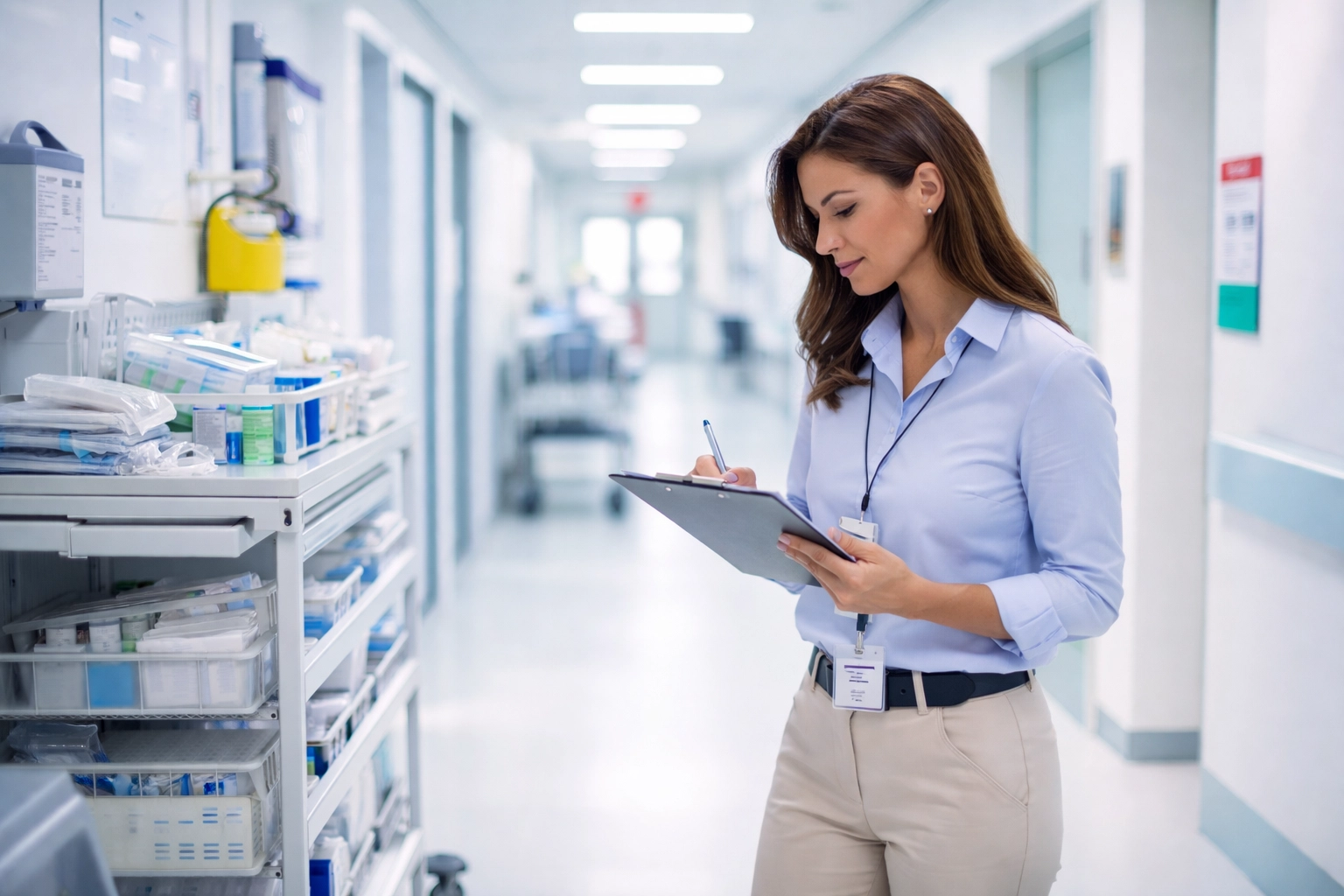 Quality assurance specialist performing an internal audit in an ambulatory surgery center for AAAHC readiness.