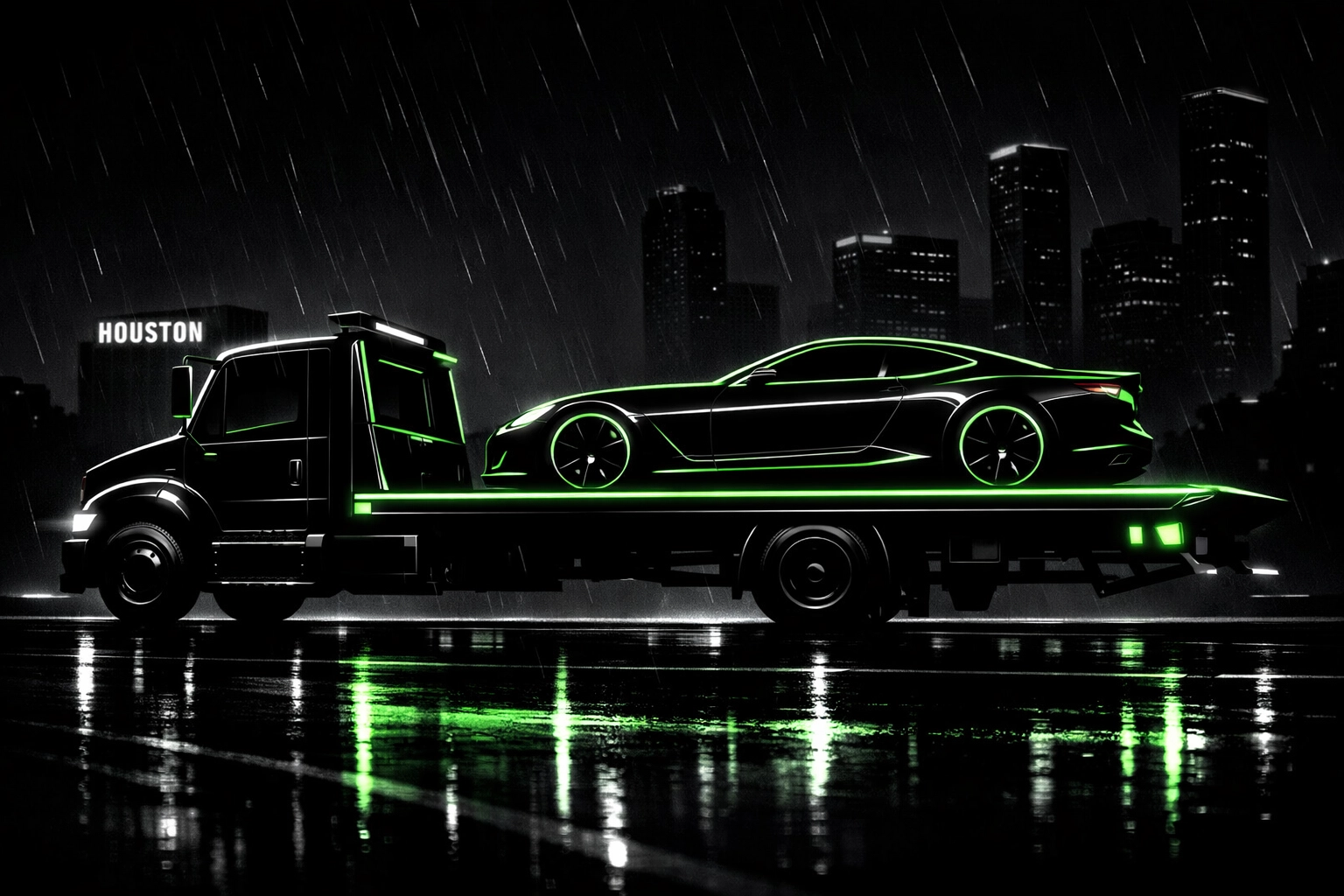 A premium flatbed towing truck securely transporting a vehicle through the Houston city streets.