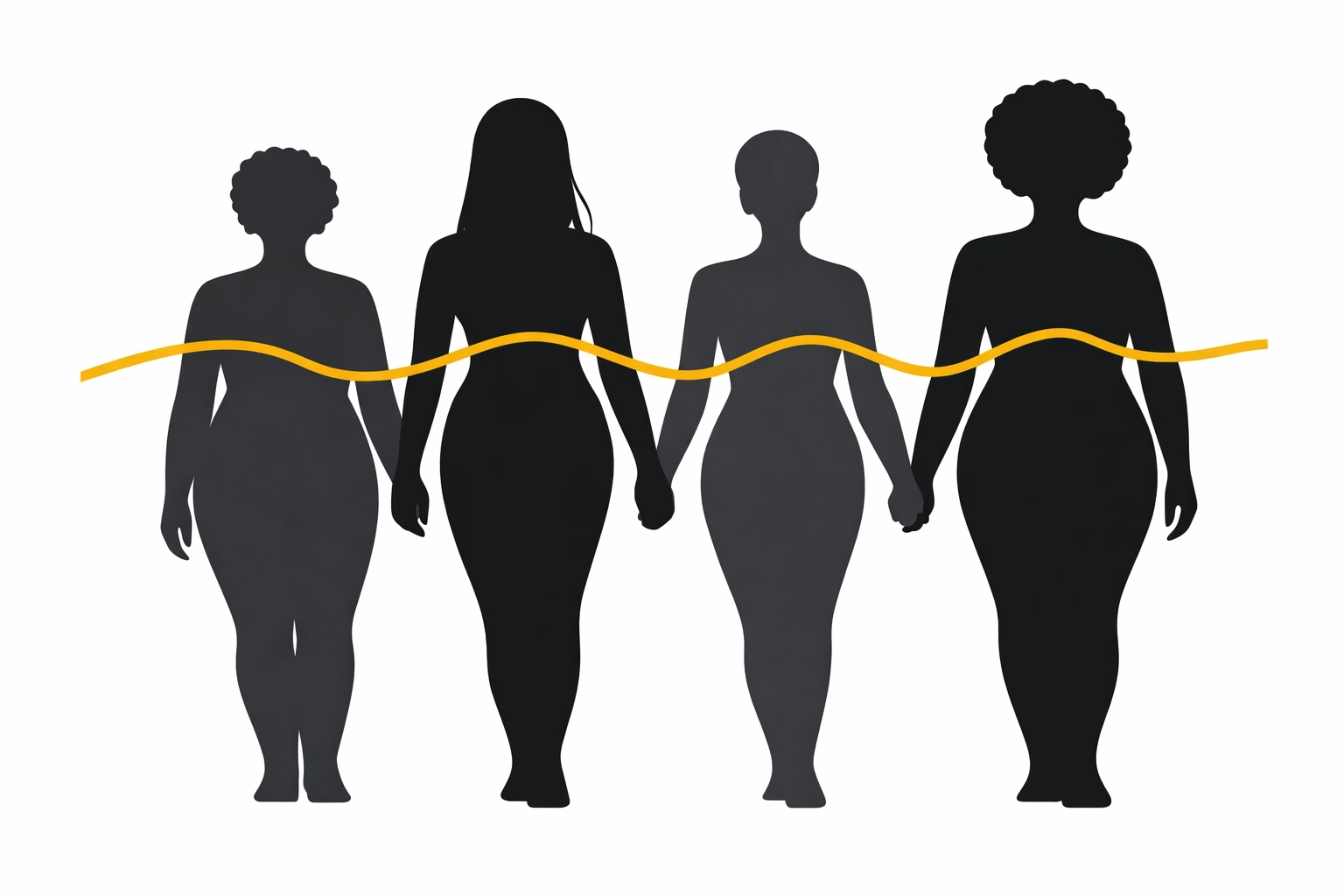 Silhouettes of diverse women connected by a single golden line representing solidarity and empowerment.