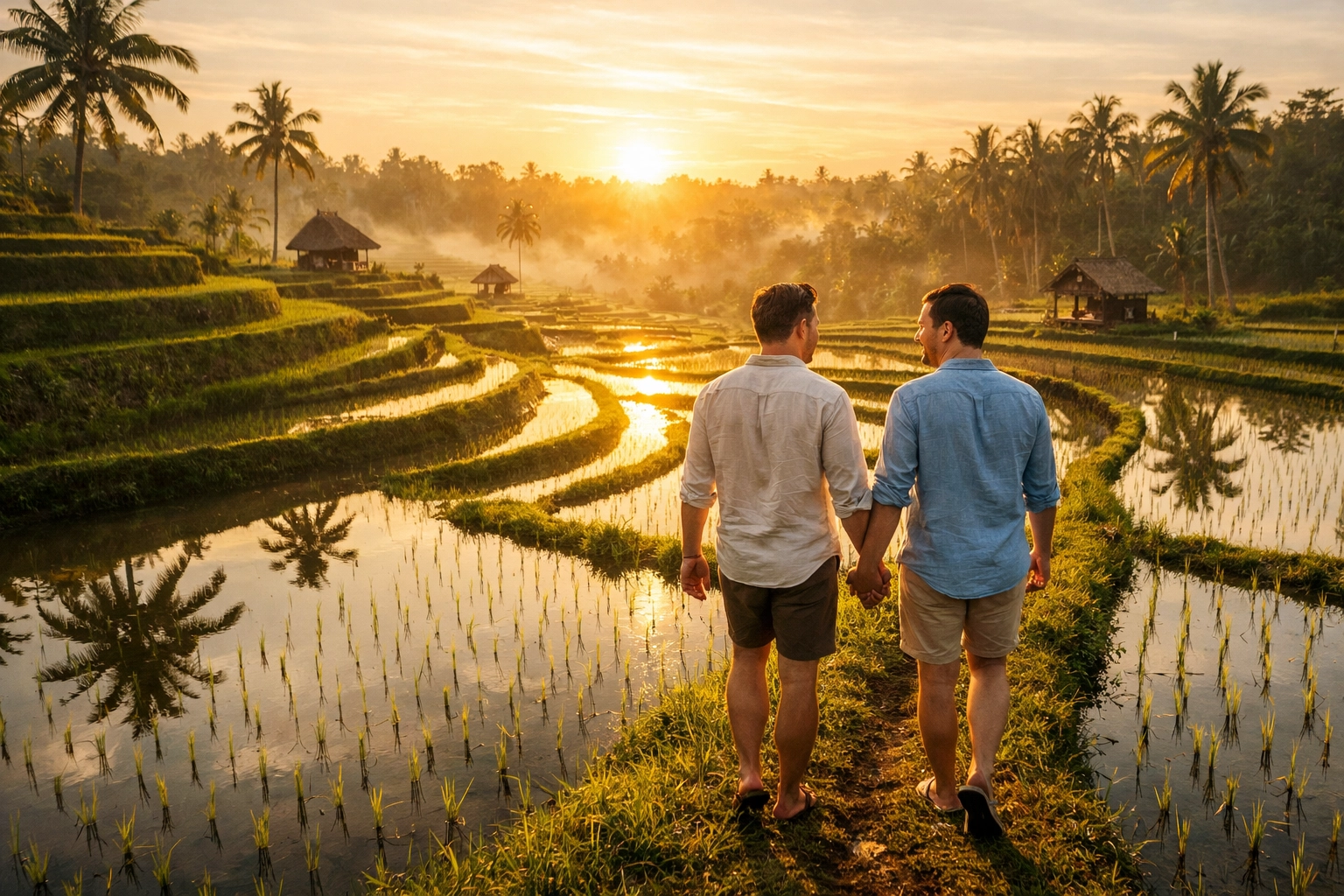 Gay couple walking hand-in-hand through Ubud rice terraces at sunrise during honeymoon