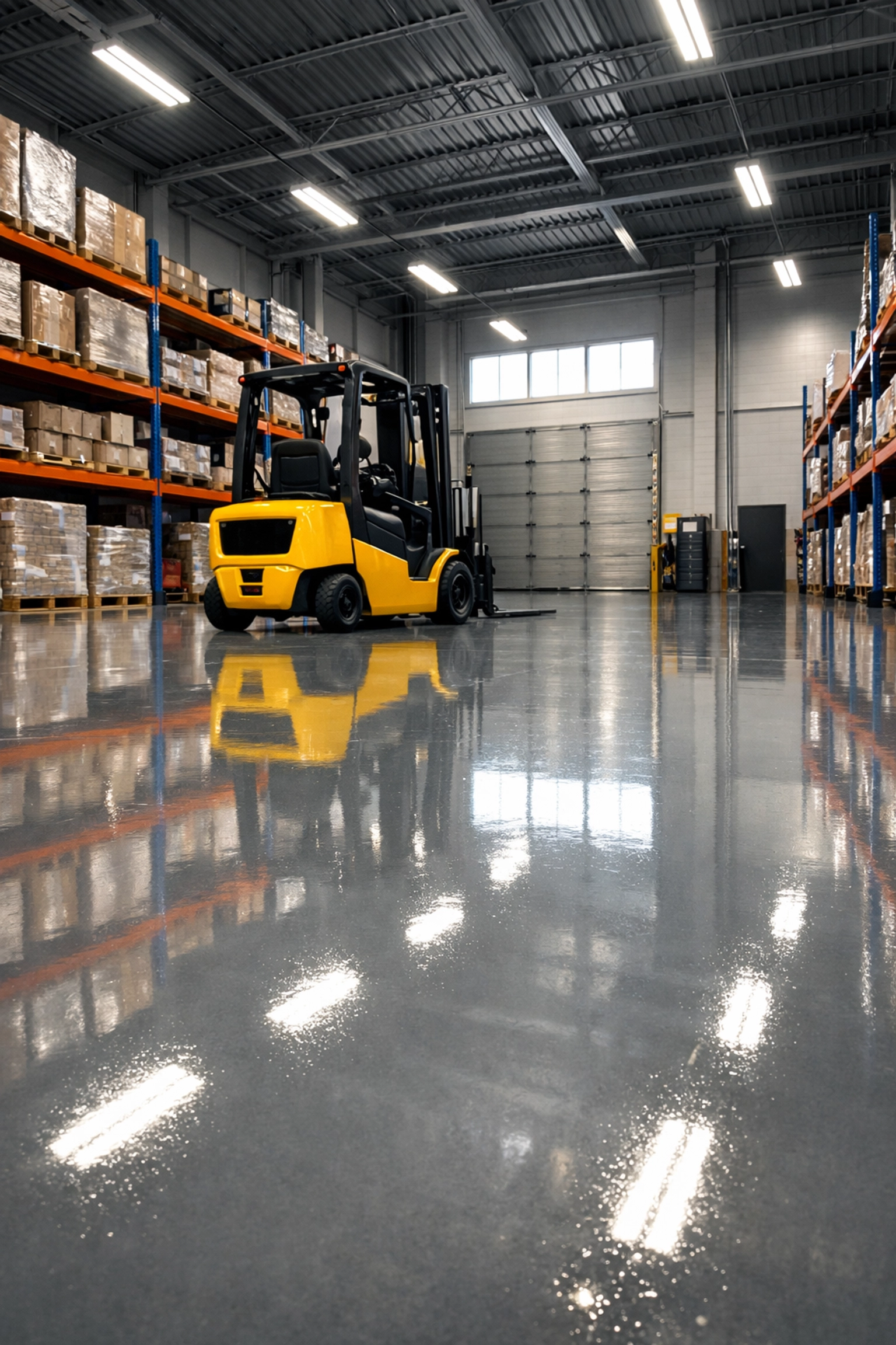 Industrial epoxy flooring in Ridgeland MS warehouse with forklift and reflective coating