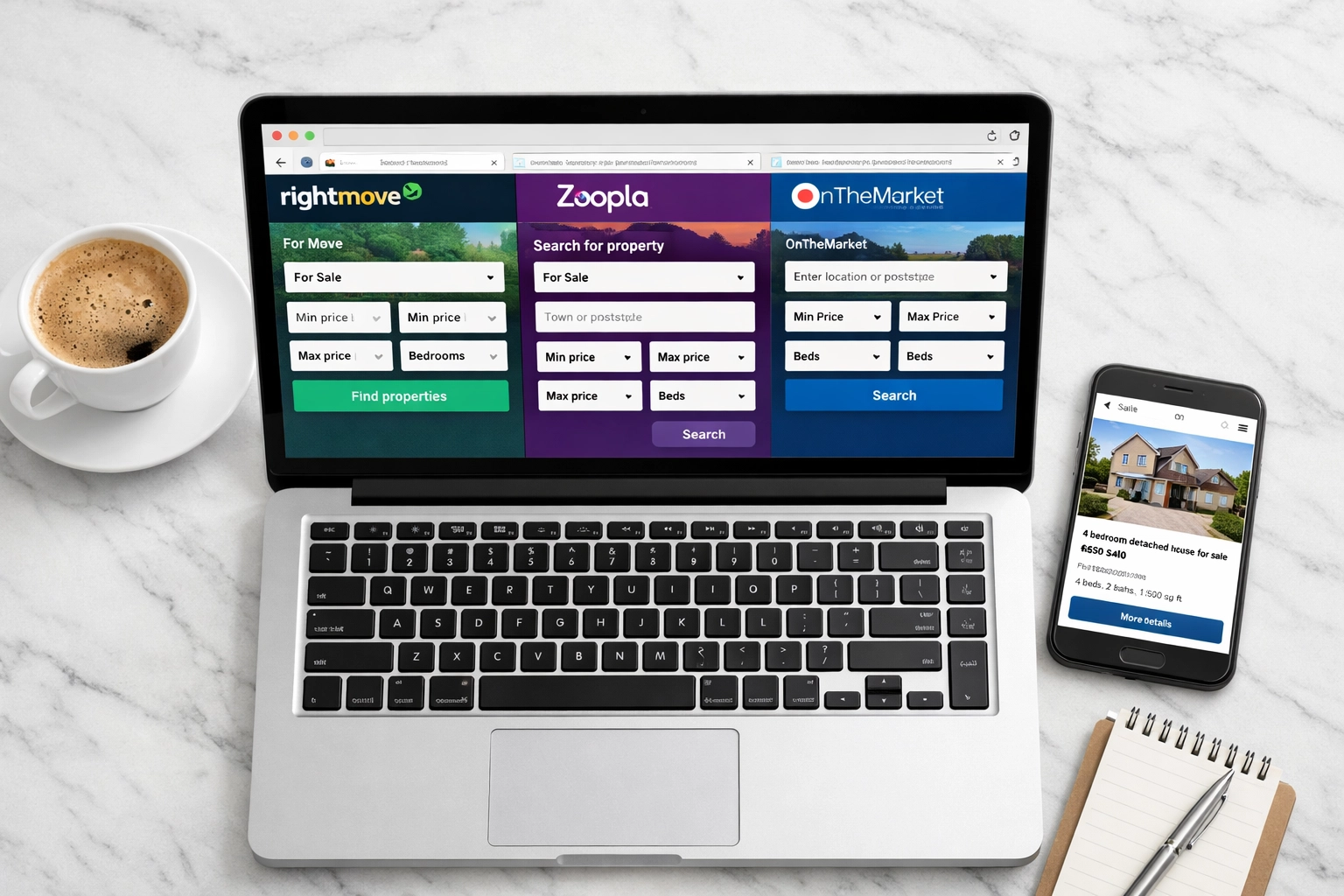 Property portals Rightmove, Zoopla and OnTheMarket displayed on laptop and phone