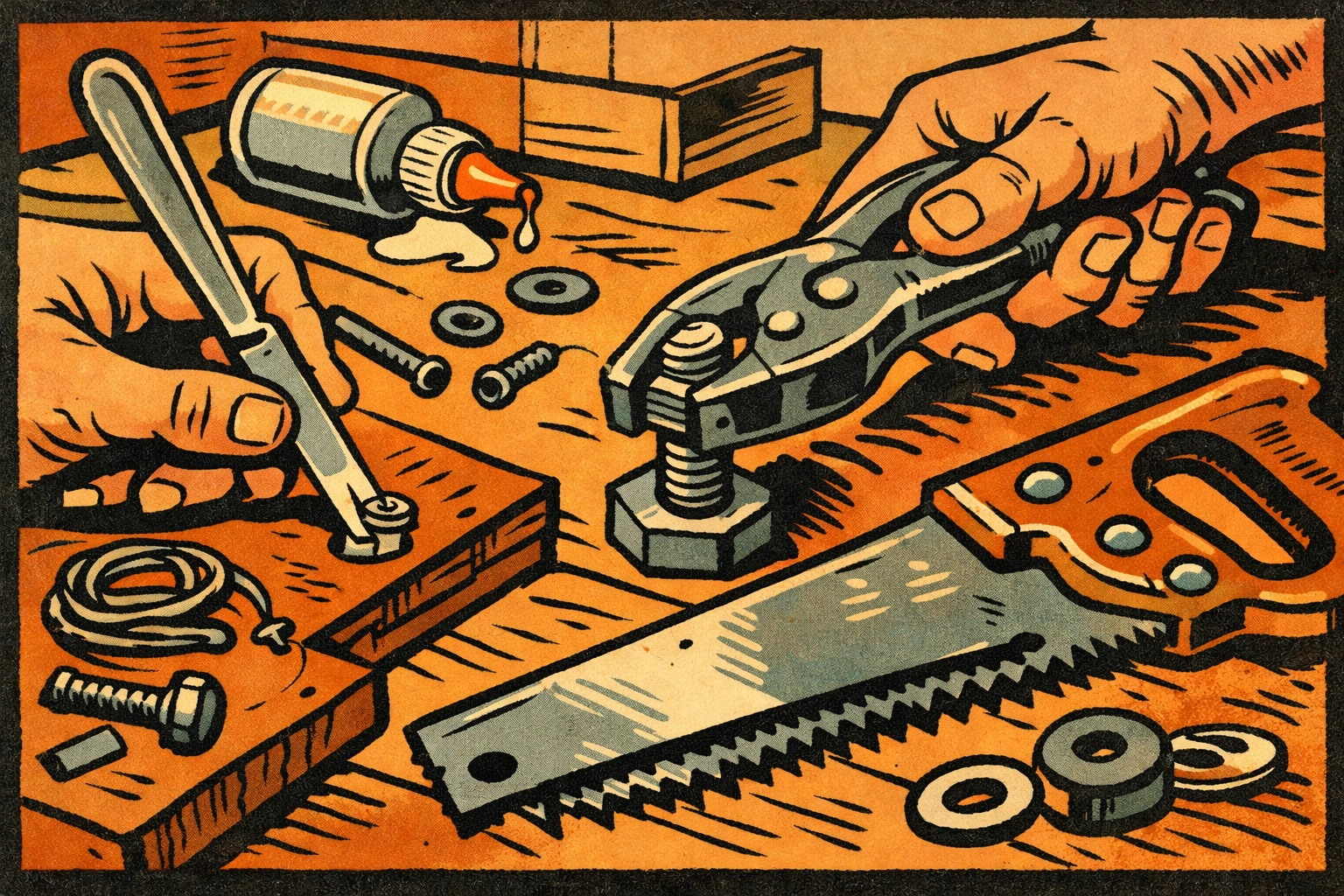 Improvised DIY tools including butter knife and wrong equipment showing failed home repairs