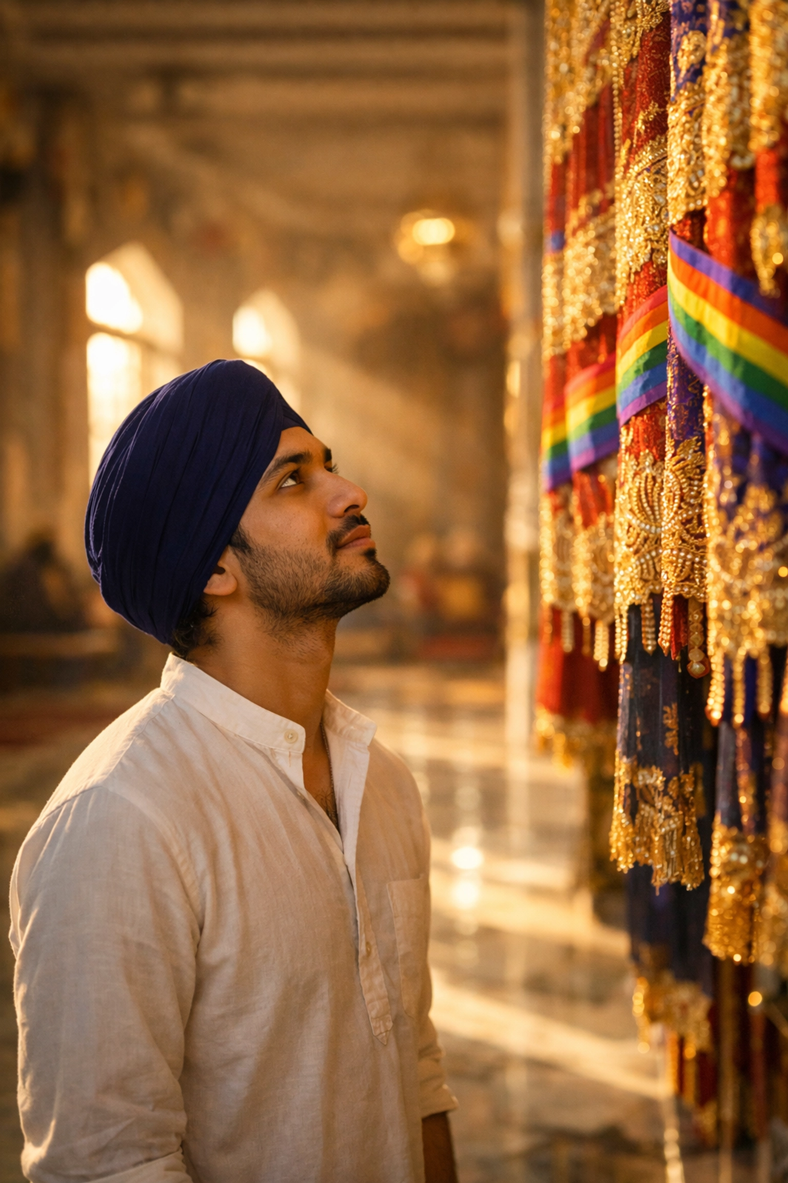 Young Sikh man in gurdwara temple admiring rainbow Pride ribbons woven into traditional fabric