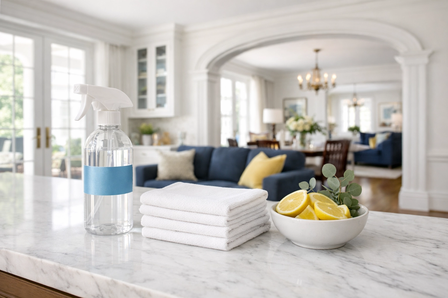 Eco-friendly house cleaning Worcester MA featuring natural products in a spotless, modern kitchen.