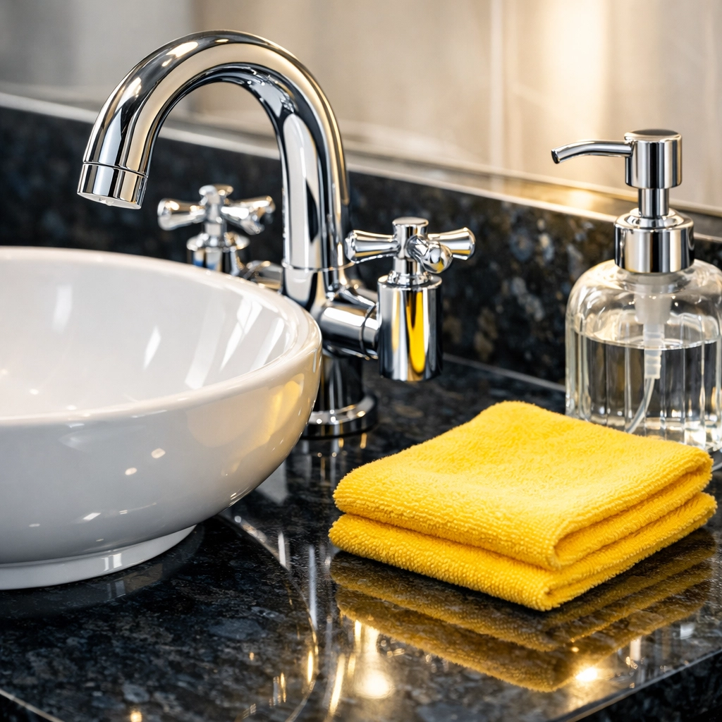 A gleaming luxury bathroom vanity showing the high-quality results of a bi-weekly cleaning service.