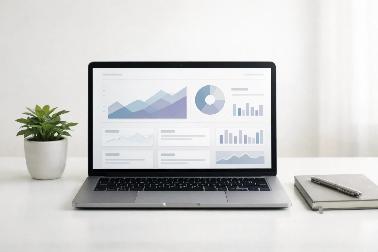 Minimalist laptop on a desk with an abstract website dashboard, notebook, and small plant