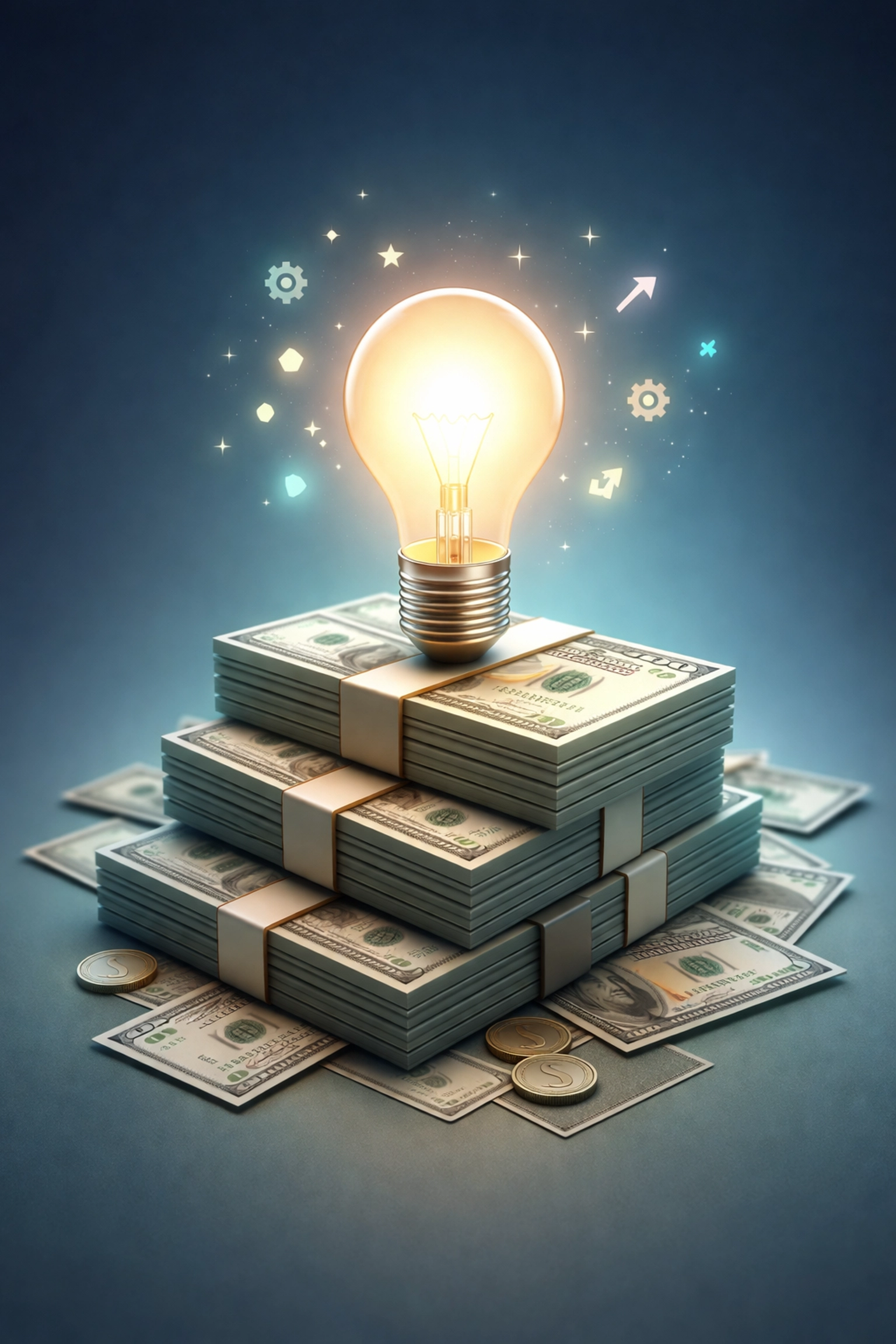 A glowing lightbulb rising from dollar bills representing SBIR funding for innovative small businesses in government contracting.