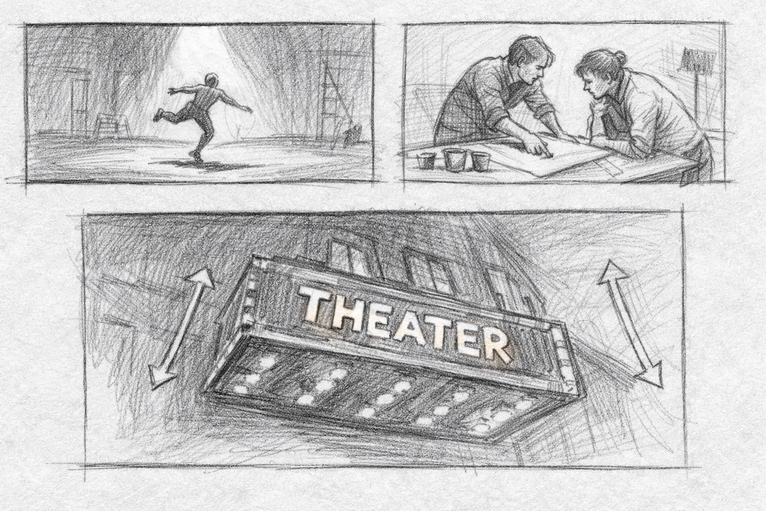 Storyboard sketches illustrating theater development and artistic support for bold new theatrical works.