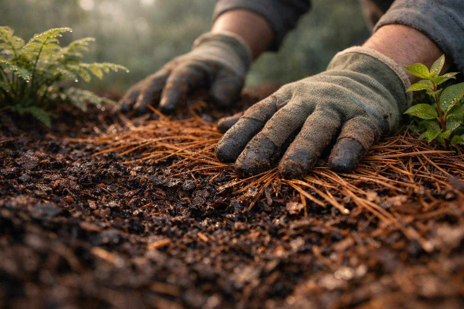 Lawn care Ooltewah TN: Gardener applying mulch to improve soil for landscaping Chattanooga.