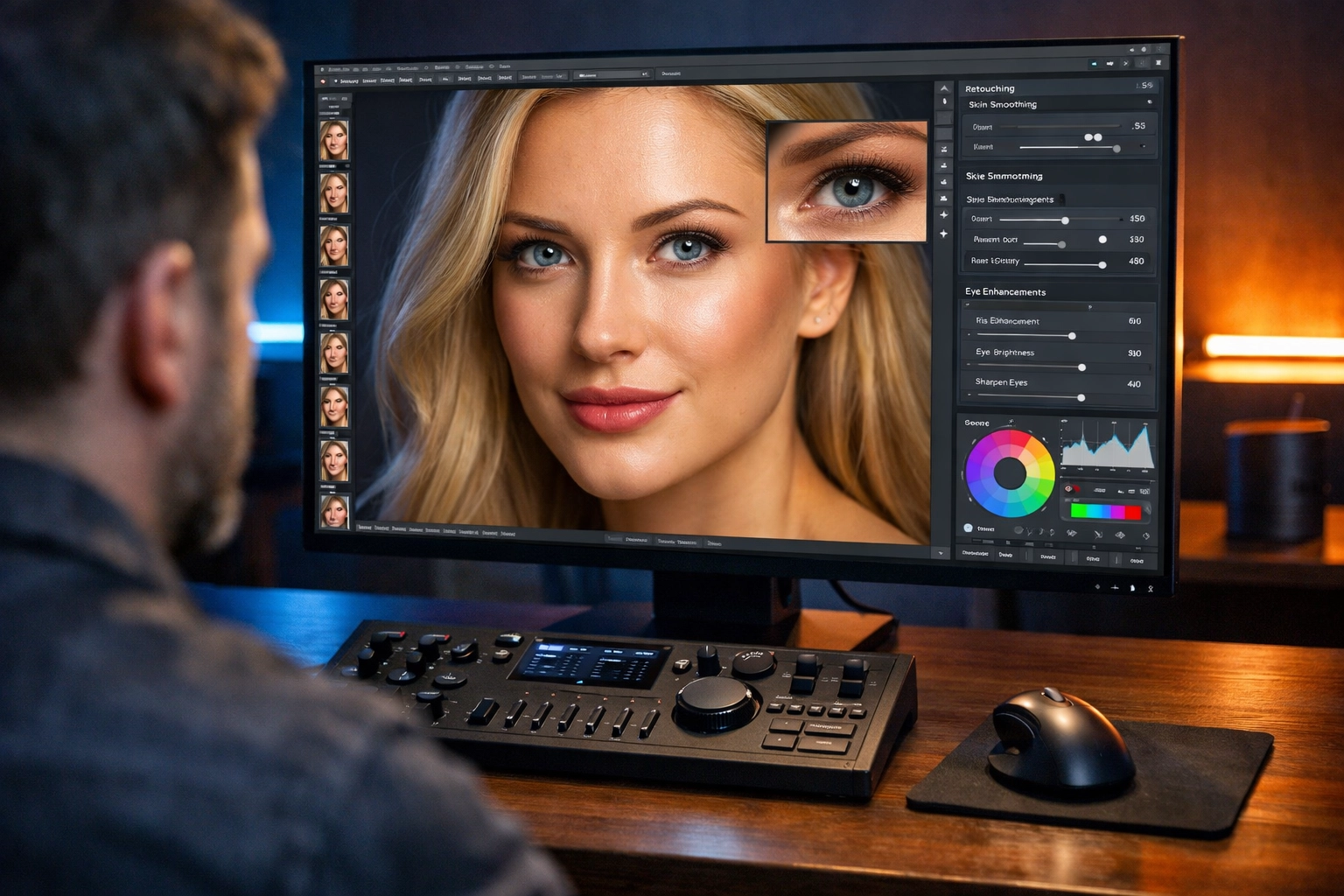 Photographer editing professional headshots on a monitor in a high-tech studio post-processing suite.