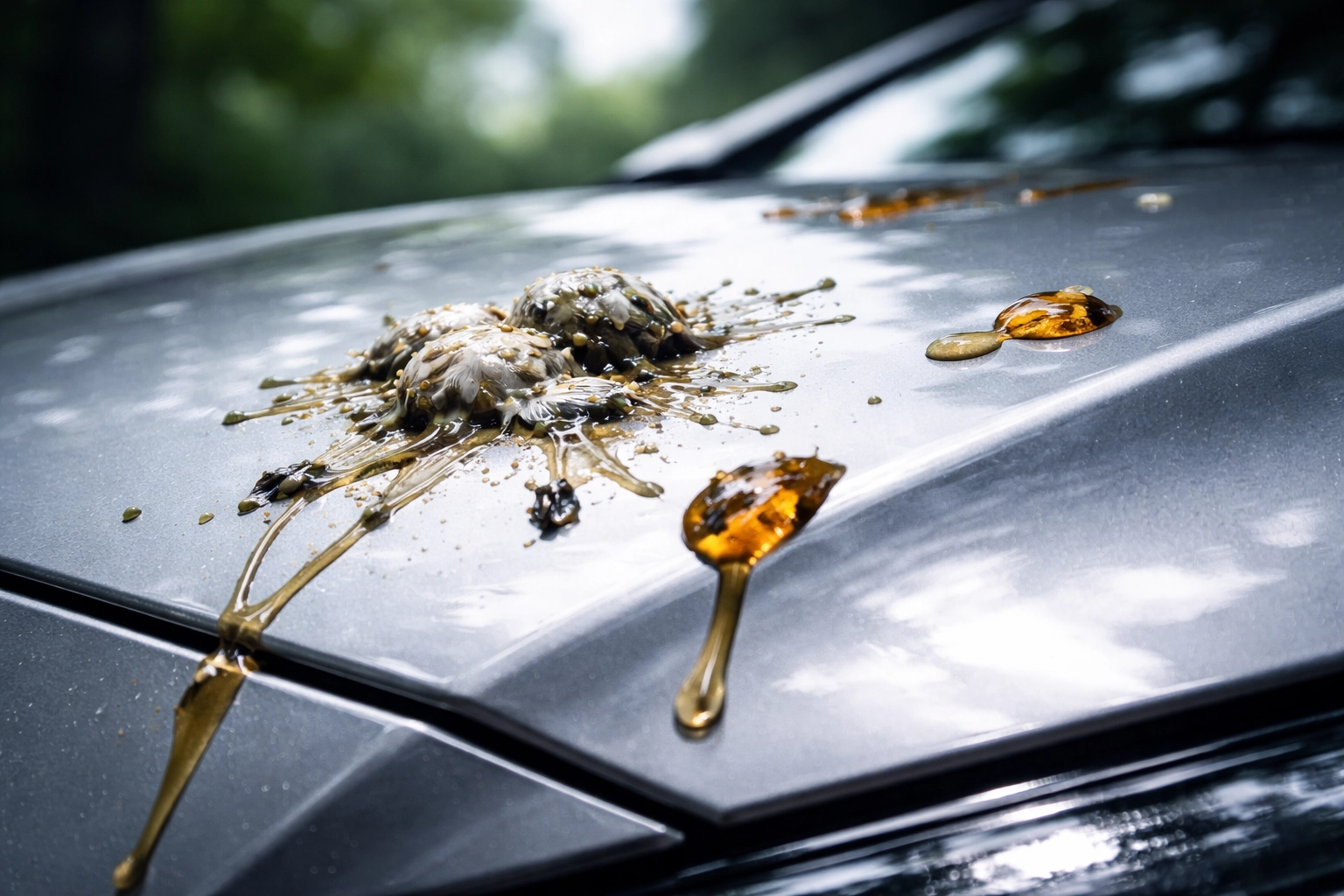 Close-up of bird droppings and tree sap on a silver ceramic-coated car bonnet, highlighting contamination risks