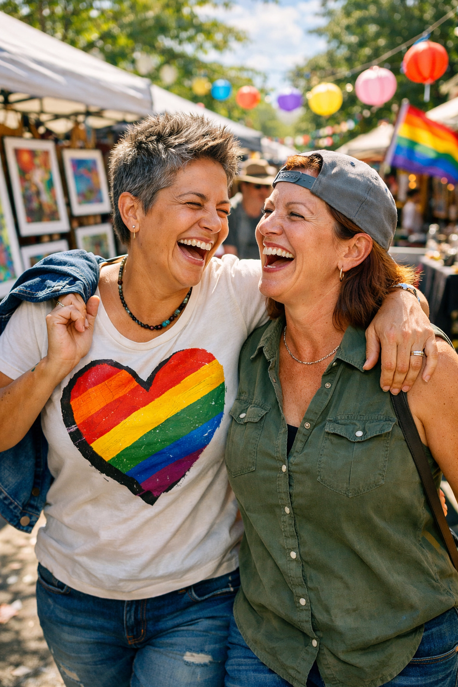A joyful lesbian couple laughing at an outdoor market, celebrating a future of health and LGBTQ+ resilience.