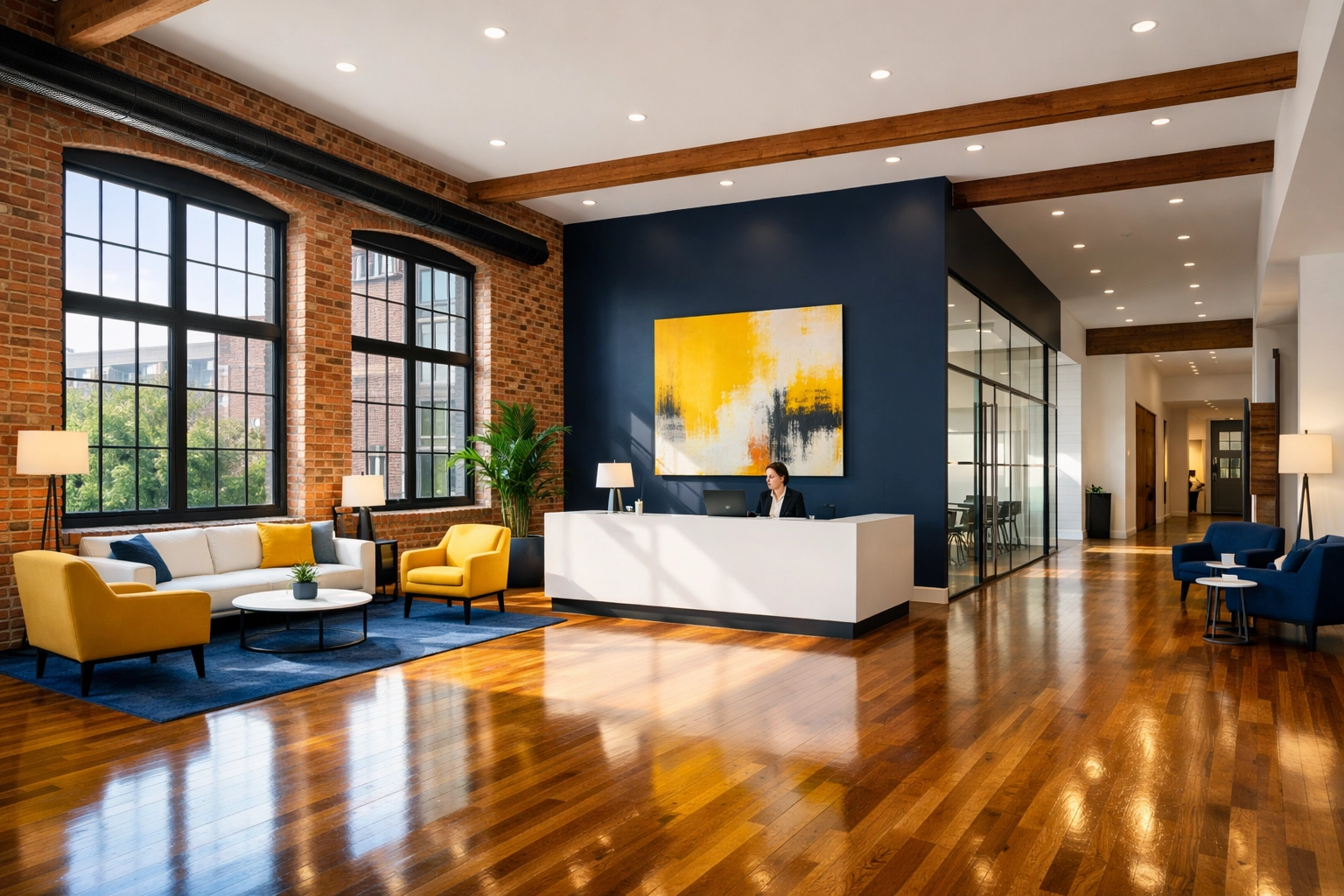 Pristine office lobby in a Maynard historic mill building with polished hardwood floors.