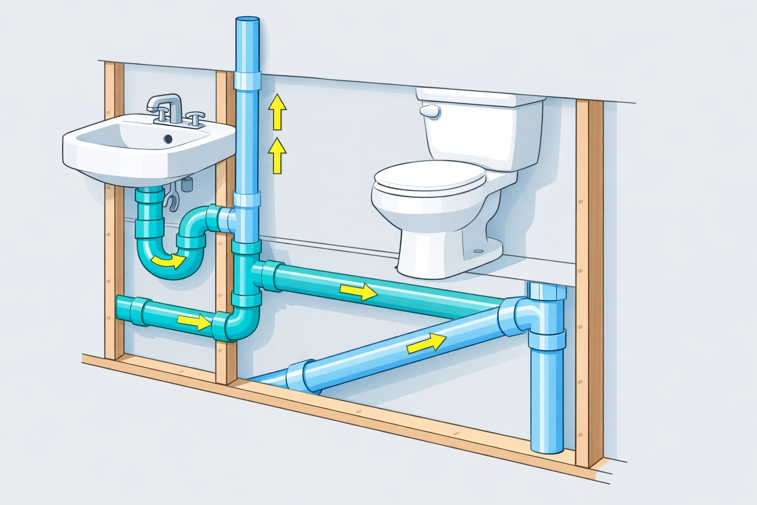 Proper P-trap installation diagram showing drain pipes, vent stack, and correct plumbing venting system