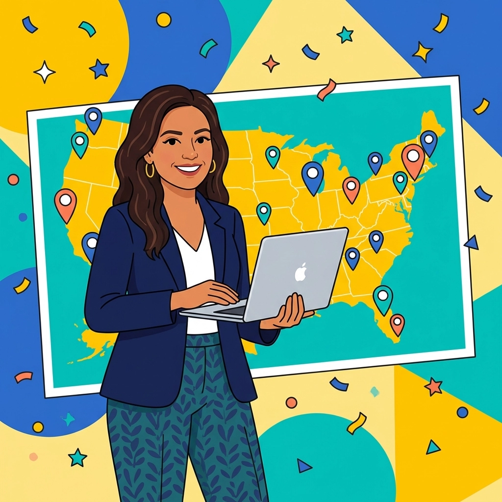 Mujer latina profesional y mapa de Estados Unidos resaltando oportunidades RBT training en todo el país.