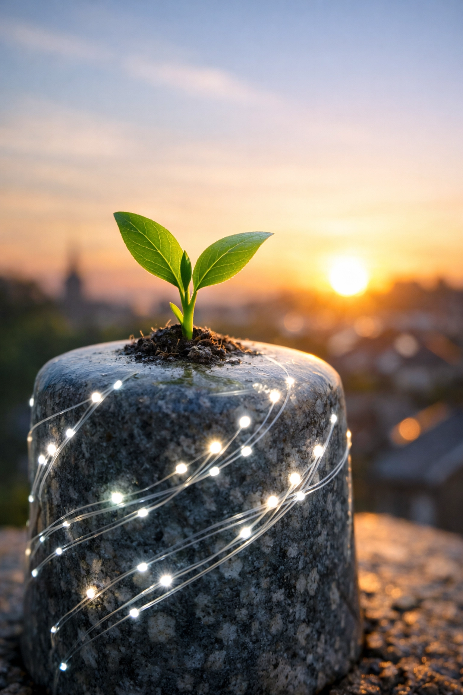A green sprout growing from a tech-integrated foundation symbolizing growth for local ministries.